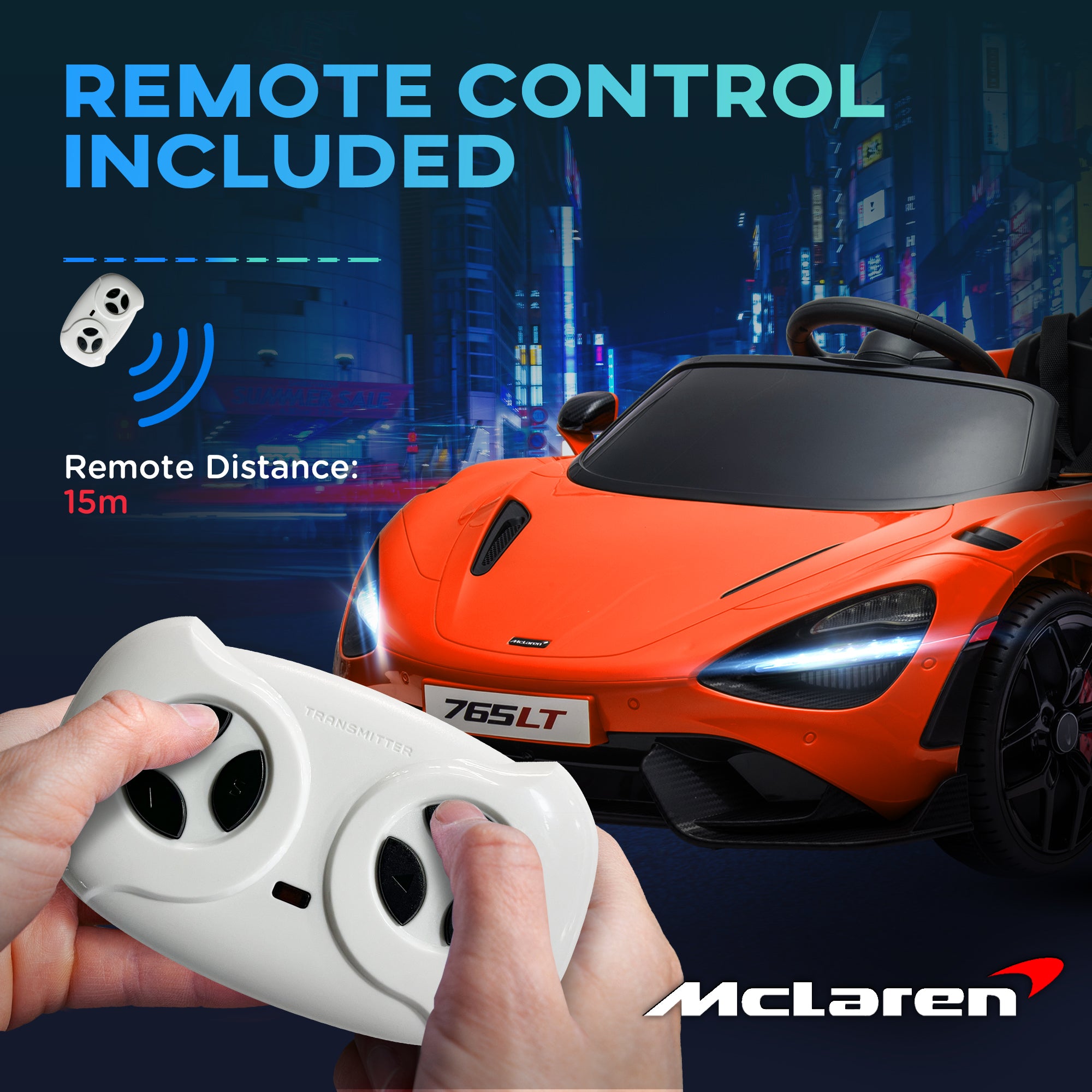 McLaren 765LT Licensed 12V Kids Electric Ride on Car with Butterfly Doors Remote Control Transport Wheels Orange