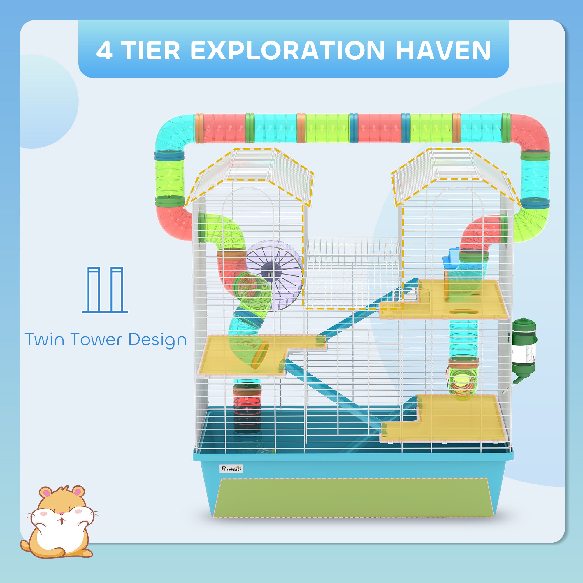 4 Tier Hamster Cage w/ Tubes, Exercise Wheel, Hut, Water Bottle, Food Dish, Ramps, for Drawf, 58 x 36 x 65cm, Light Blue