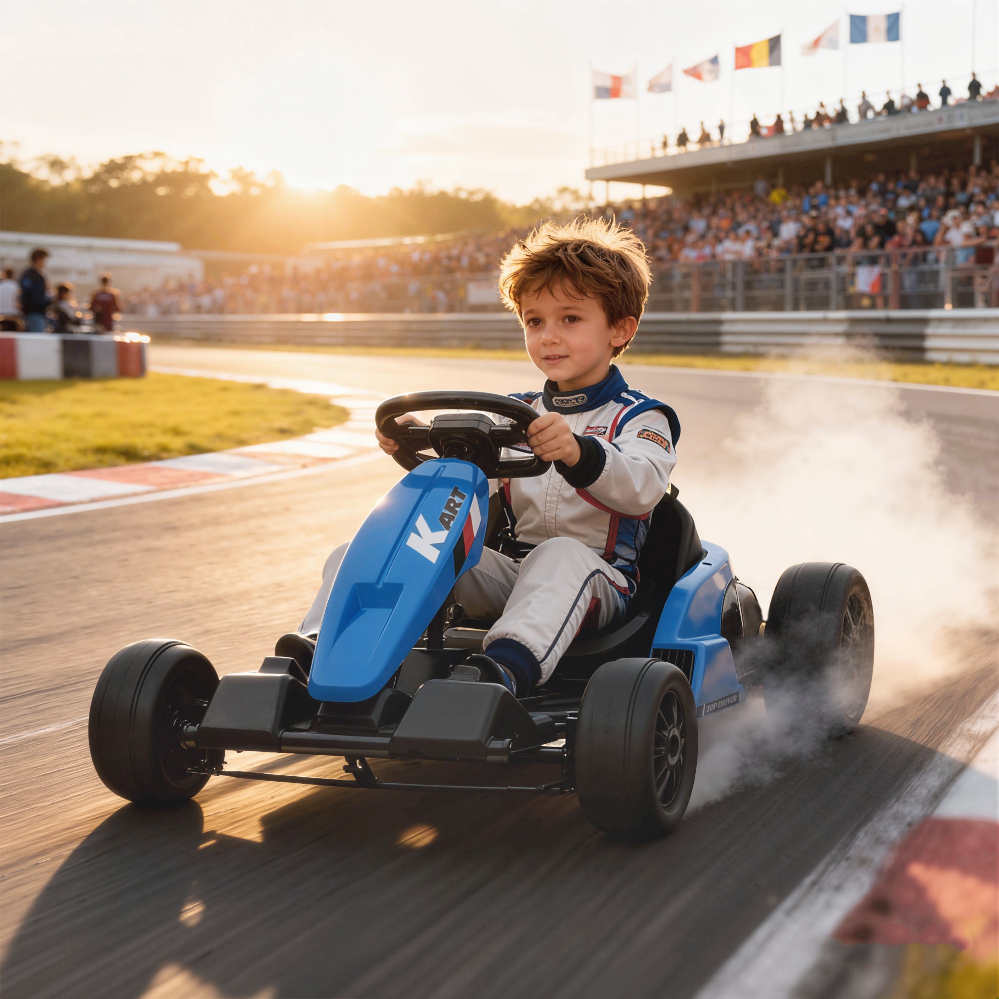 24V Electric Go Kart, Drift Kart with Adjustable Seat, Slow Start, 5-Point Harness, Music, Horn, for 6-12 Years, Blue