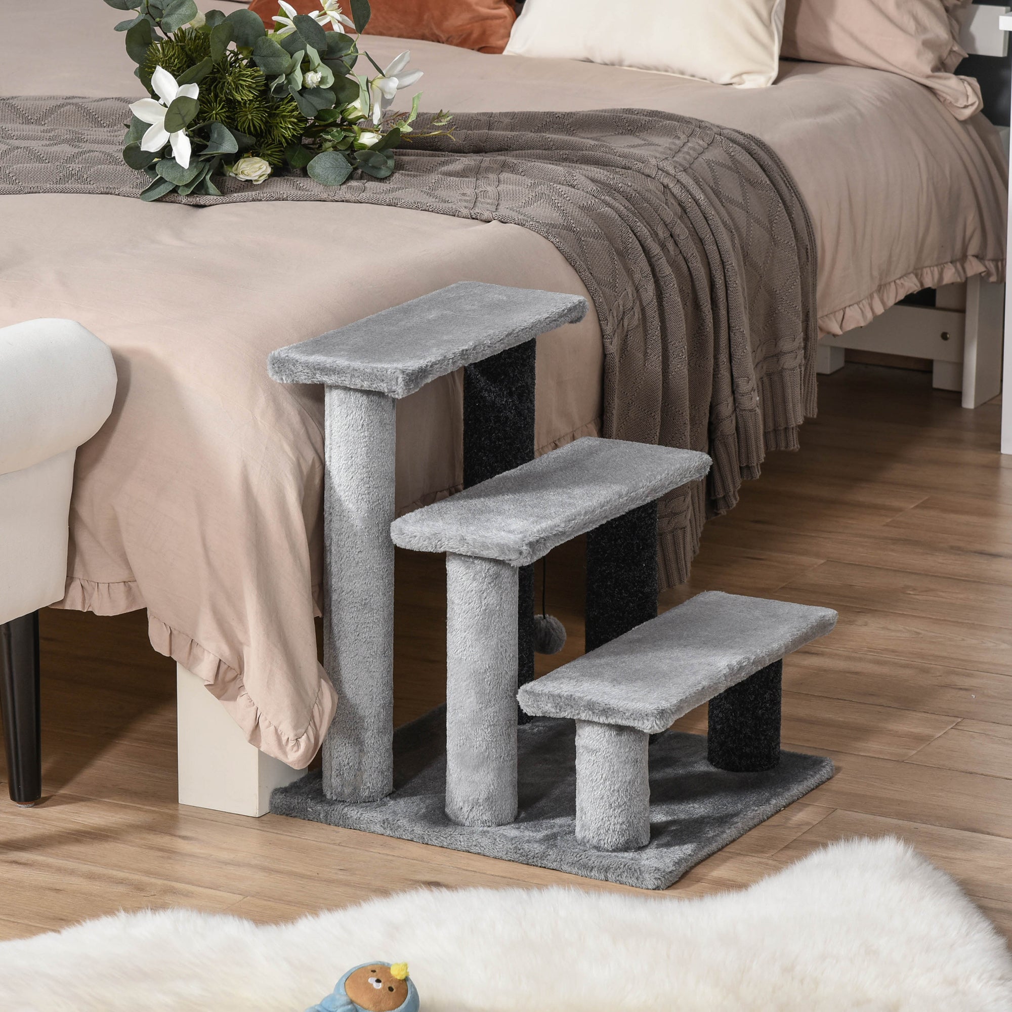 3-step Pet Stairs with Scratching Posts, Platforms, Toy Ball, Grey