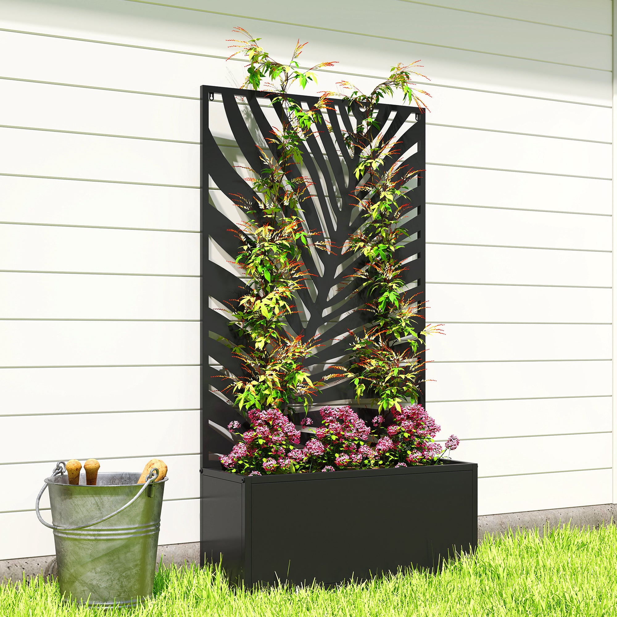 Metal Garden Bed for Garden with Trellis, Wall Mounted or Freestanding Raised Planter with Privacy Screen