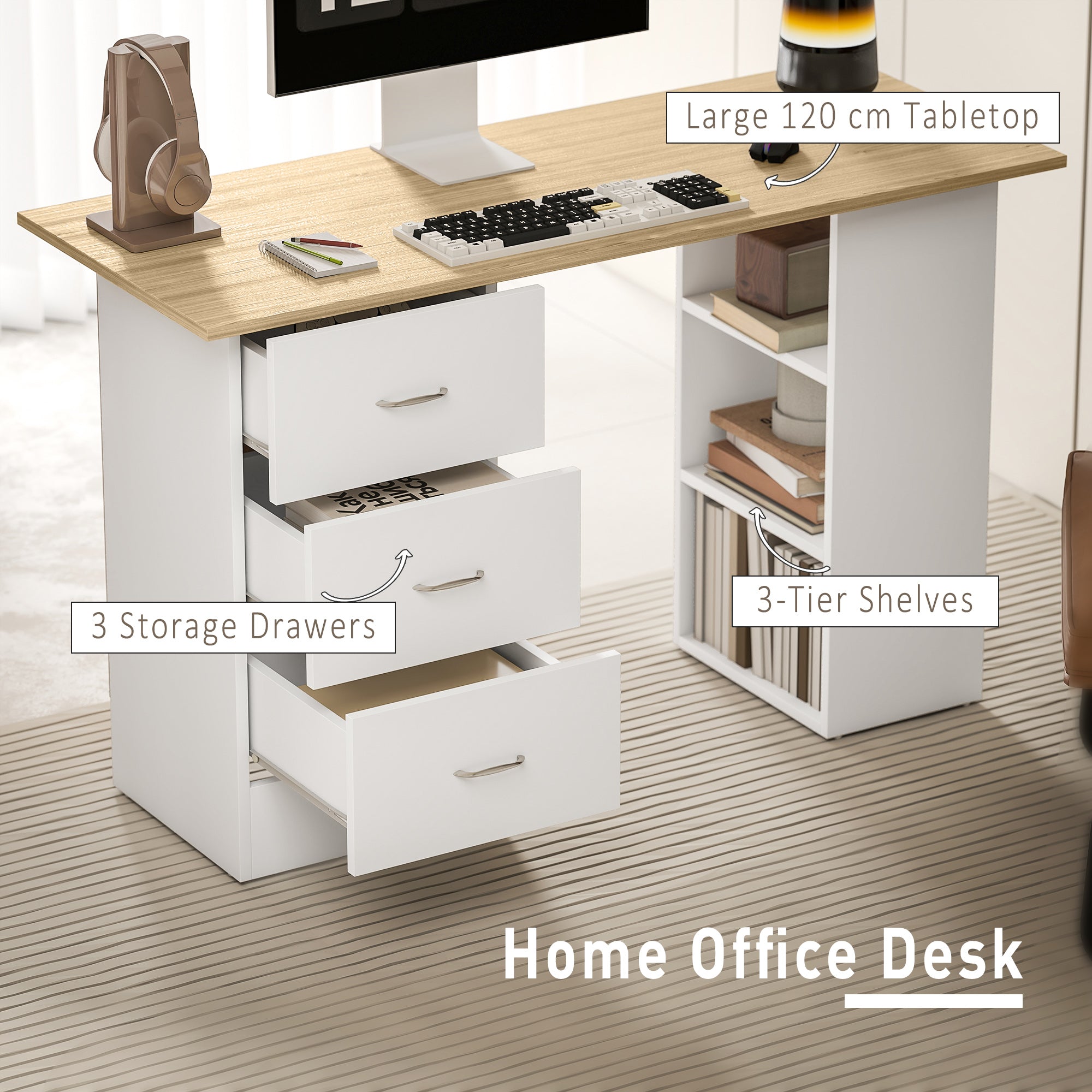 Computer Desk with Drawers, Home Office Desk, Writing Table, PC Workstation with 3 Storage Shelves for Working, Study, 120 x 49 x 72 cm, Natural Wood Finish and White