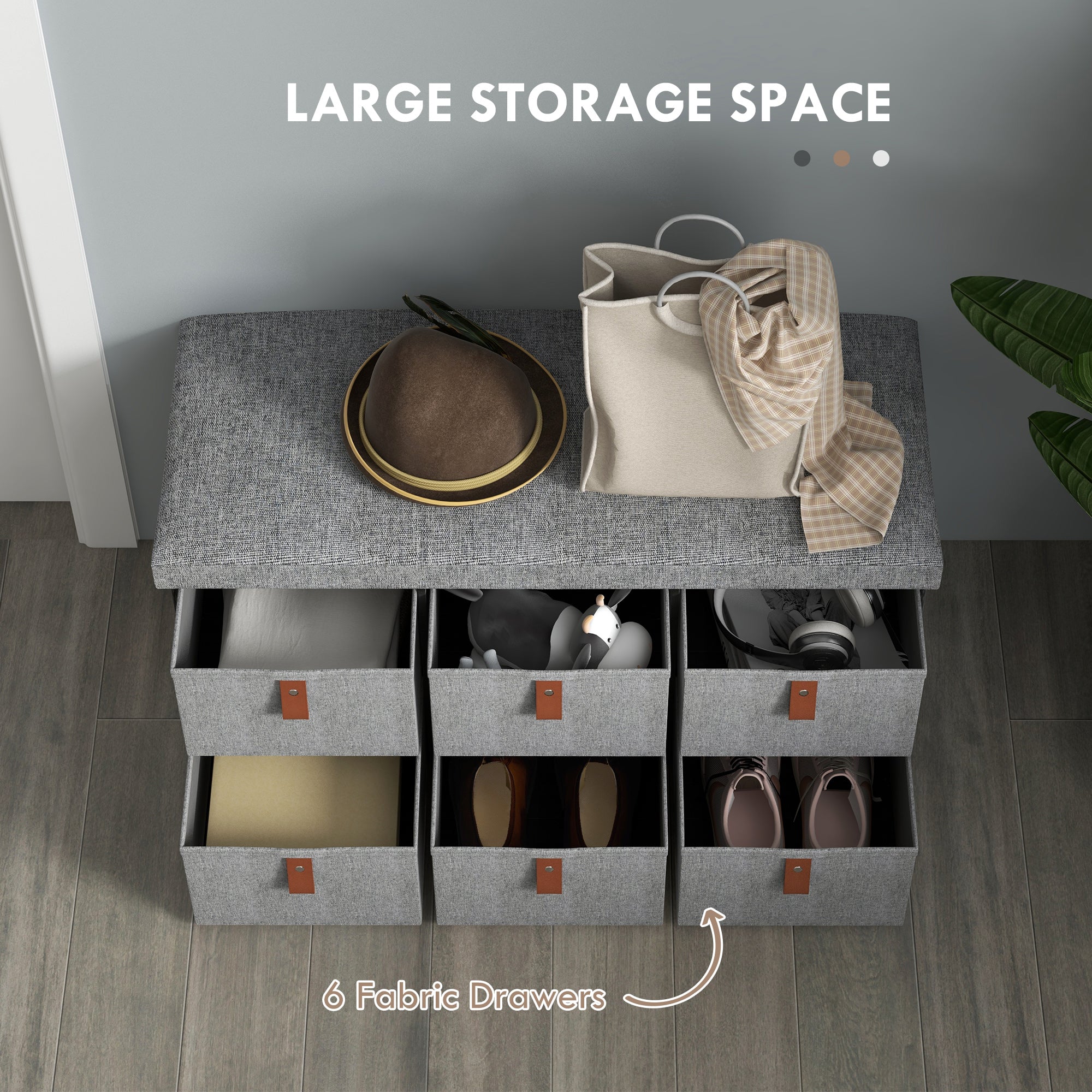 Shoe Bench with Seat, Shoe Storage Bench with Cushion and 6 Fabric Drawers for Entryway, Hallway, Living Room, Bedroom, Light Grey