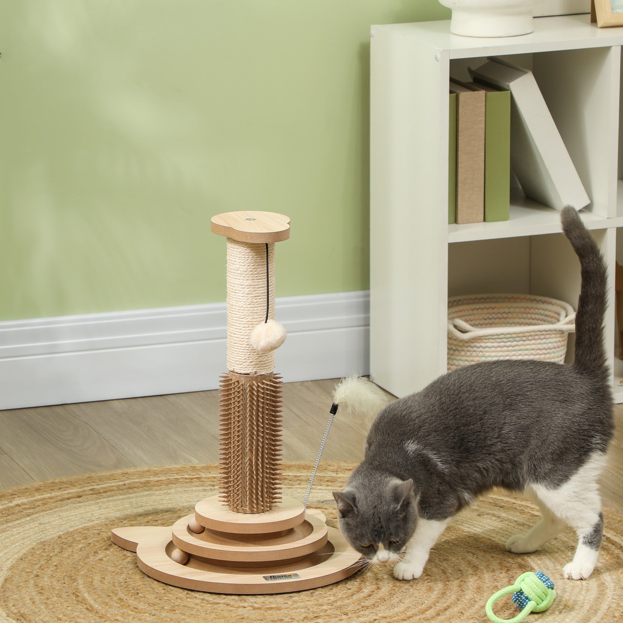 49cm 5 in 1 Cat Scratching Post with Sisal Post, Track Ball, Self Grooming Brush, Hanging Toy Ball, Feather, Oak Tone