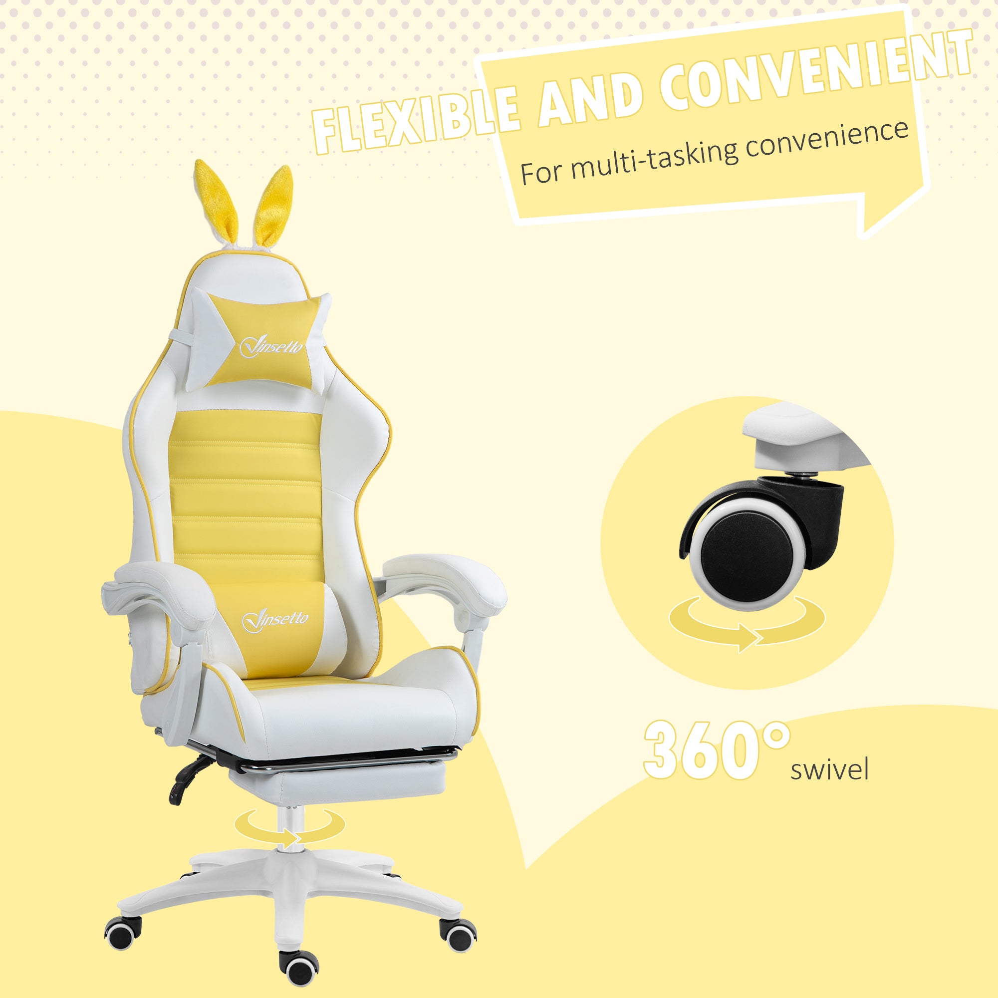 Racing Gaming Chair, Reclining PU Leather Computer Chair with Removable Rabbit Ears, Footrest, Headrest and Lumber Support, Yellow