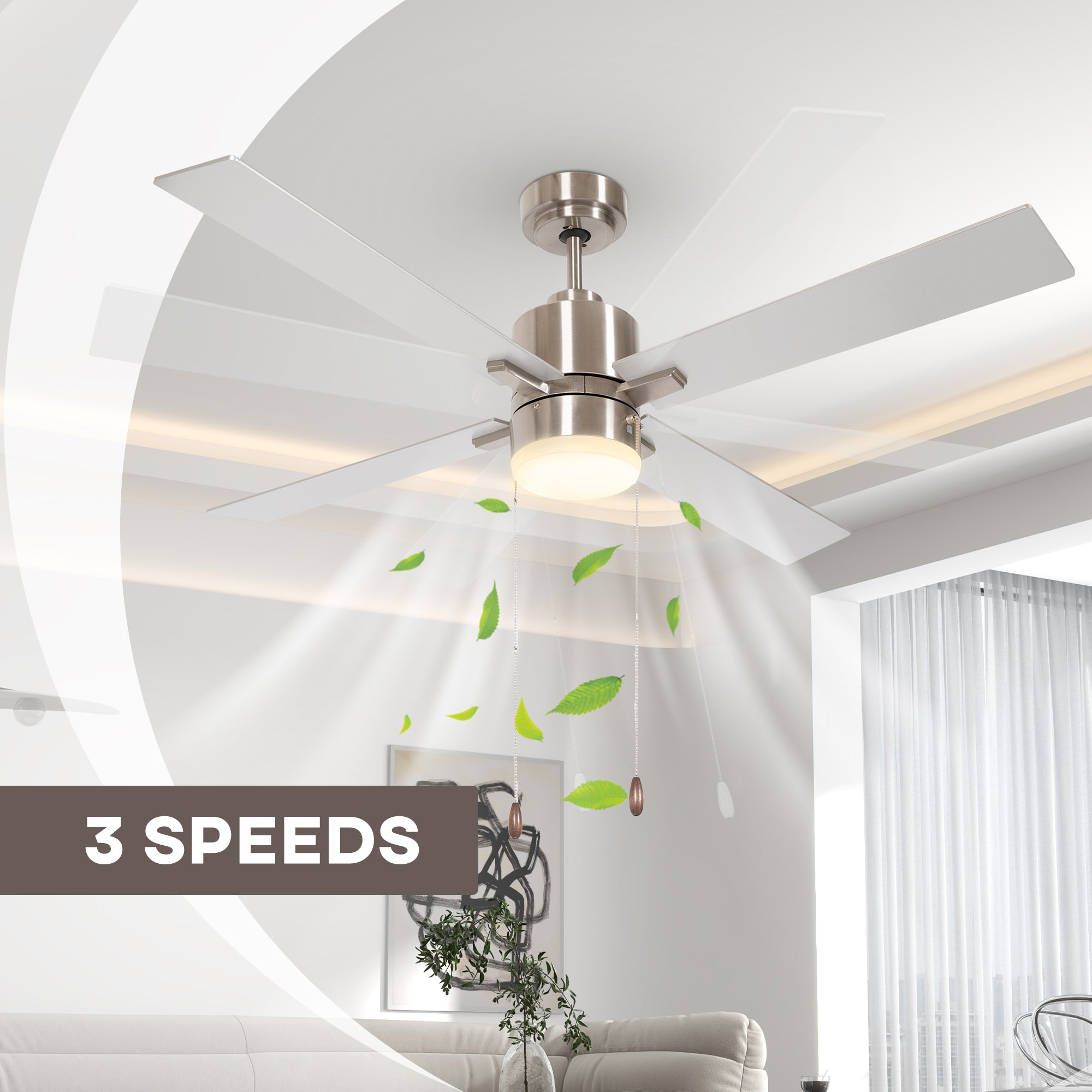 Ceiling Fan with LED Light, Flush Mount Ceiling Fan Lights with Reversible Blades, Pull-chain, Silver and Natural Tone