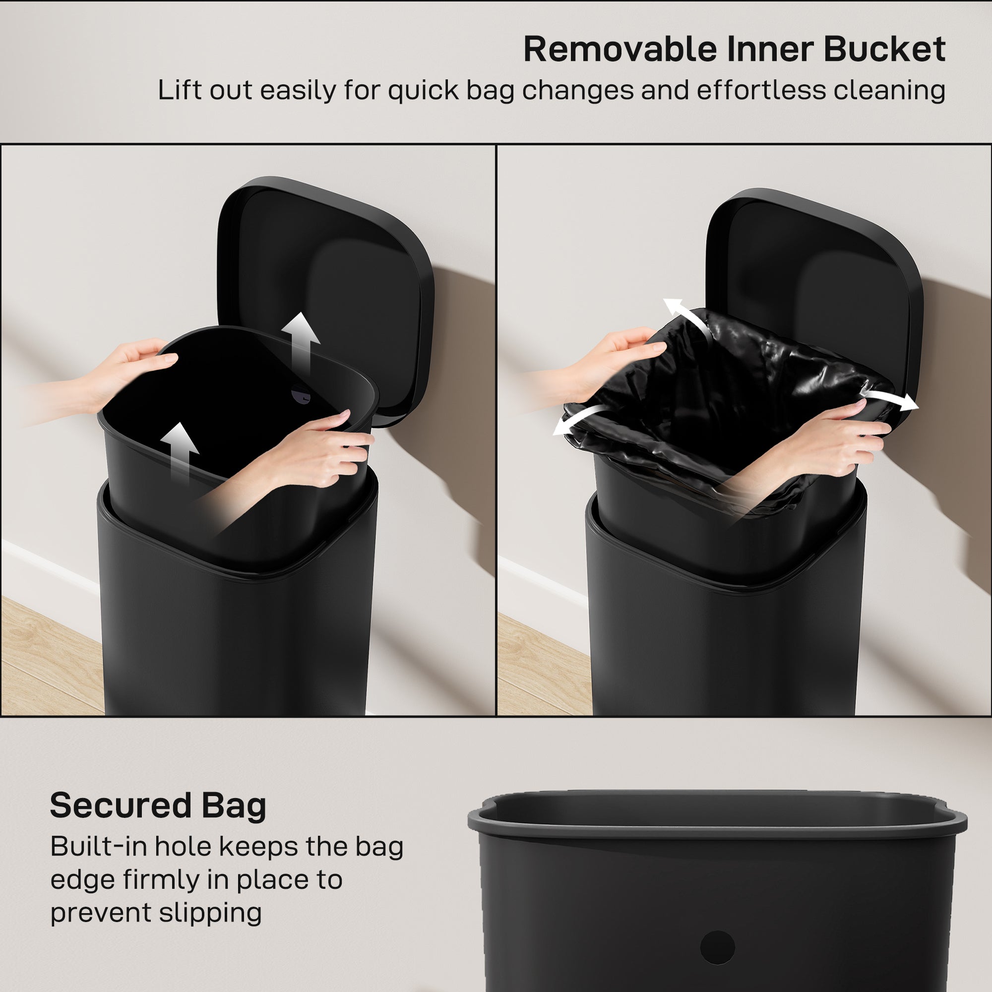 30L Kitchen Bin, Compact Pedal Bin with Soft-Close and Stay-Open Lid, Removable Bucket for Kitchen, Home, Office, Black