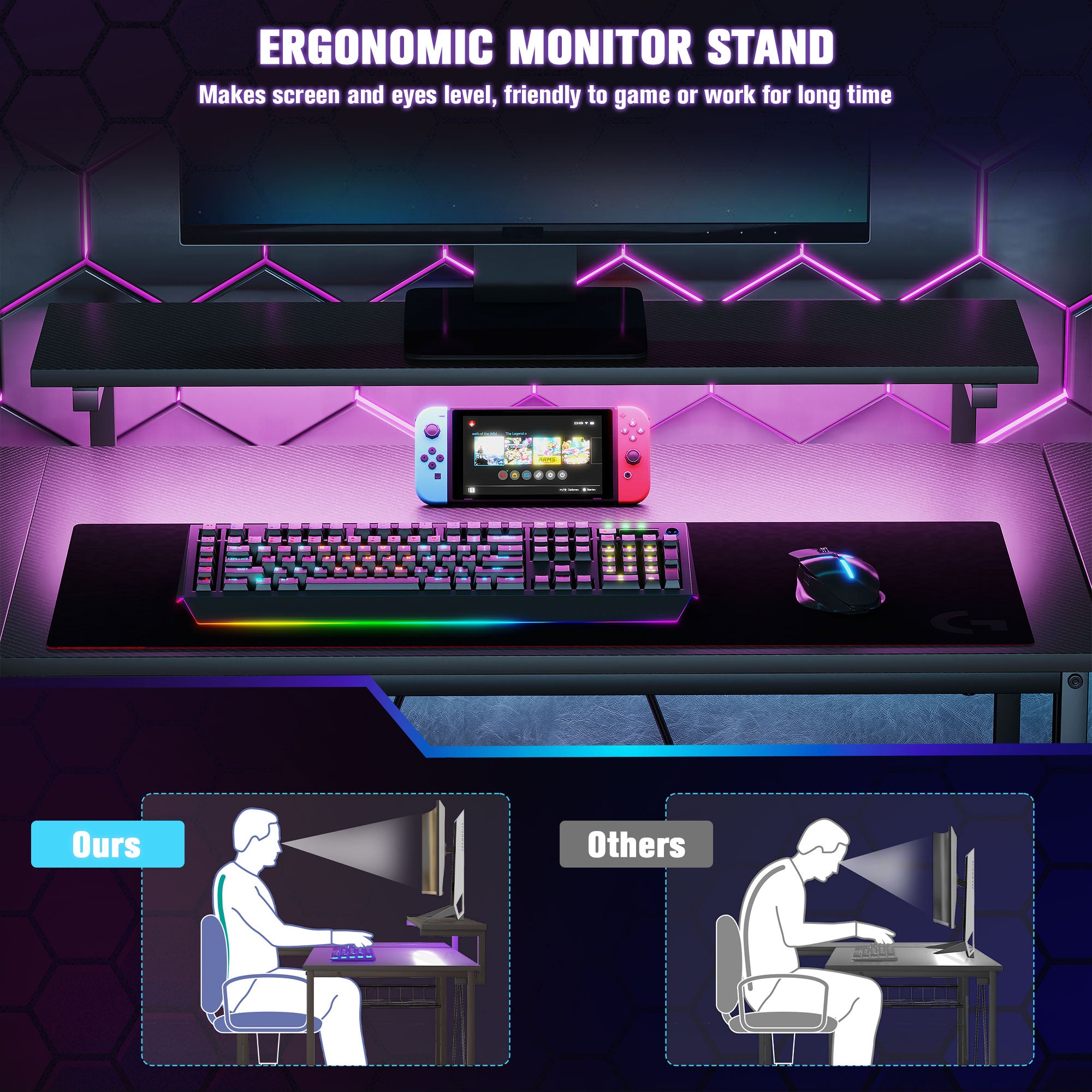 Reversible 'L' LED Light Gaming/Work Desk - Black