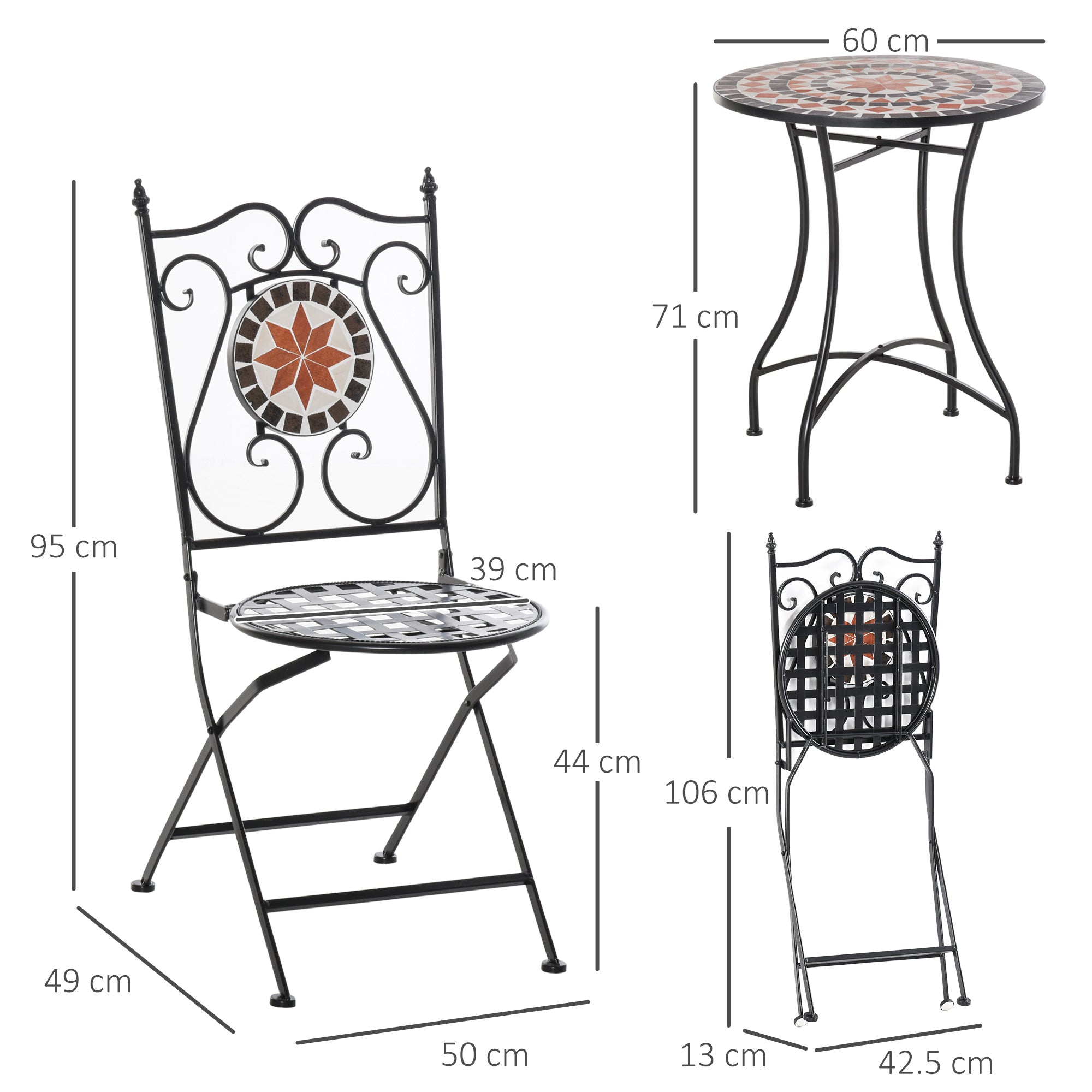 Three-Piece Mosaic Bistro Table Set with Foldable Chairs - Multicoloured