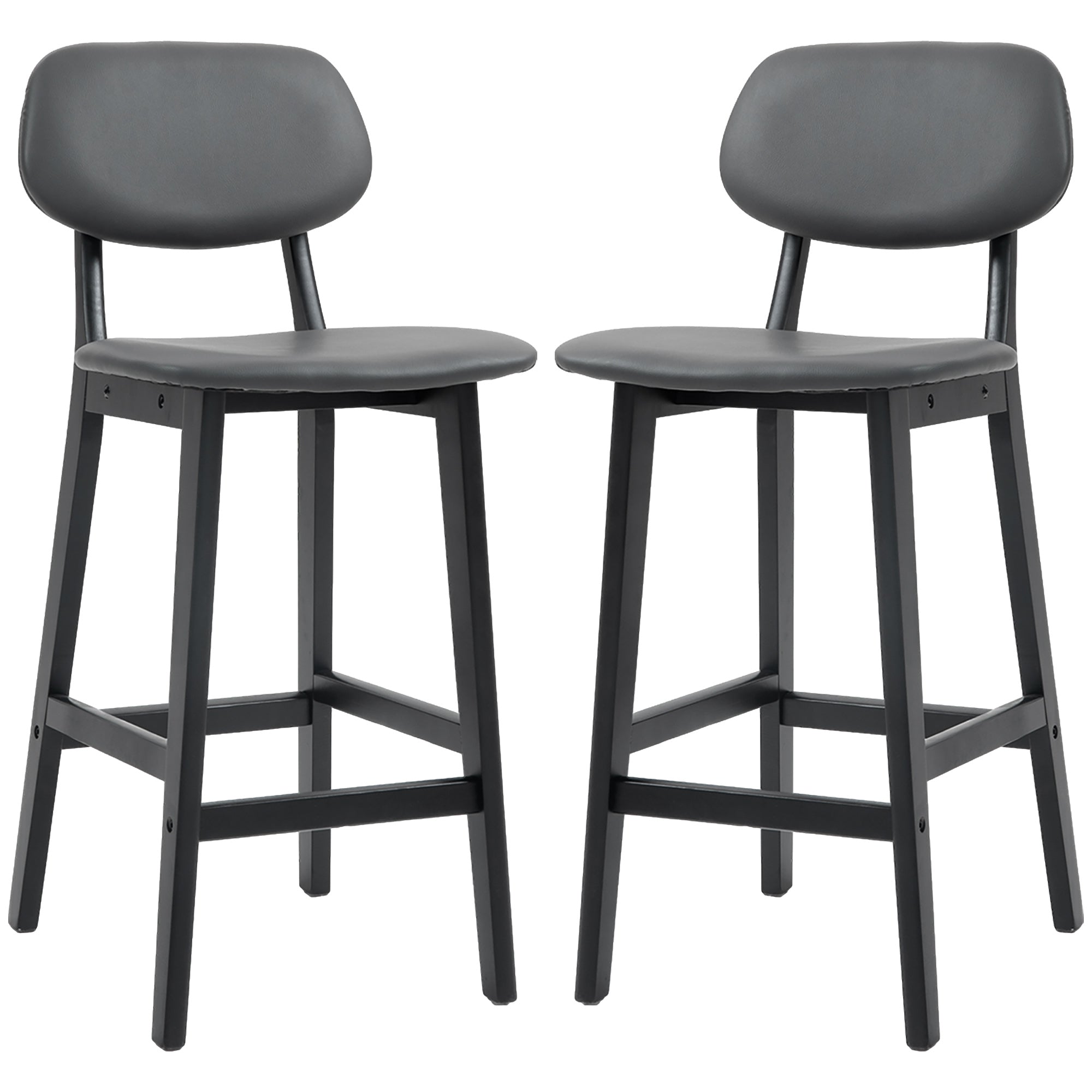 Bar Stools Set of 2, Contemporary Breakfast Bar Chairs, Faux Leather Upholstered Kitchen Stools with Backs and Solid Wood Legs, Dark Grey