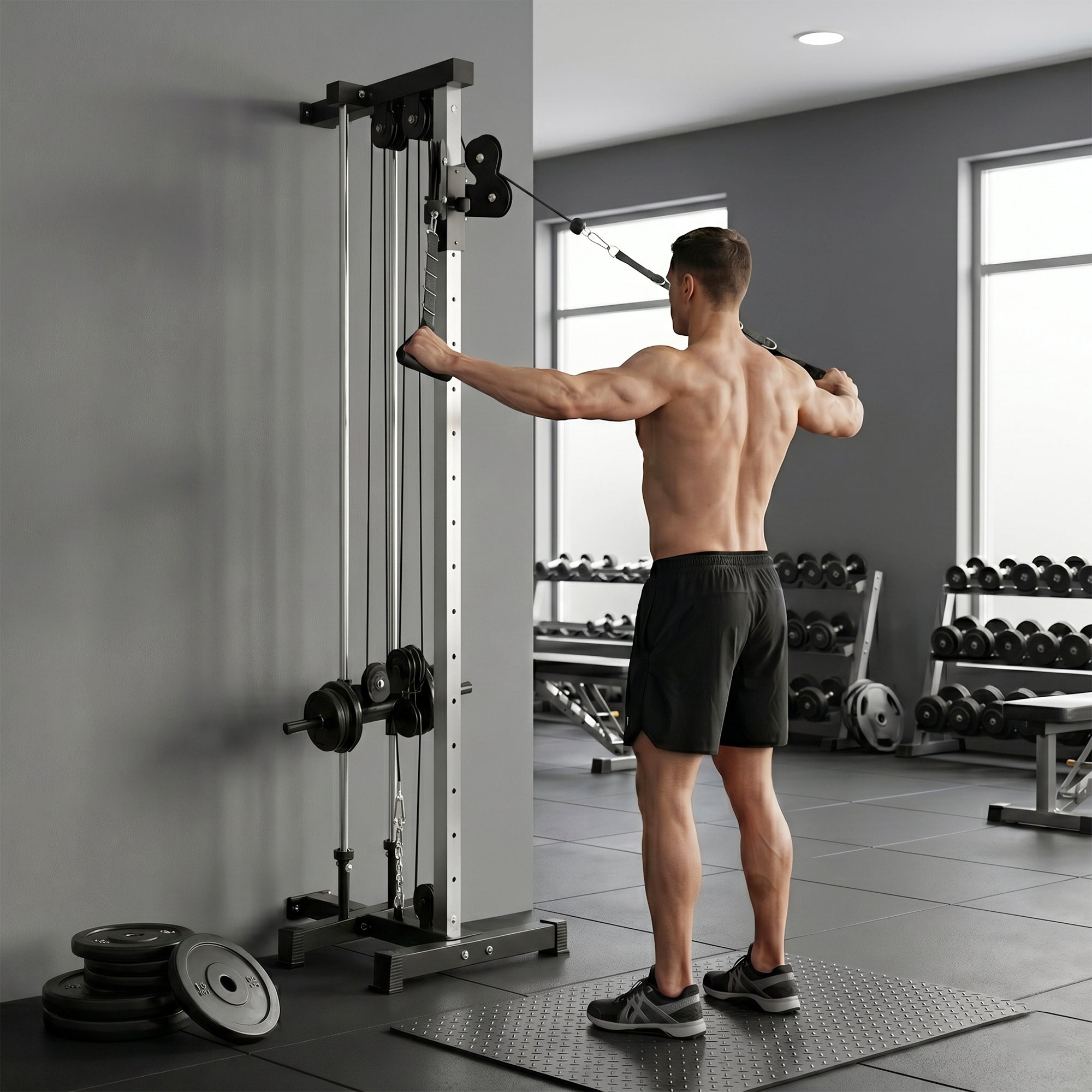 Wall Mount Cable Machine, 15 Positions Adjustable Cable Crossover Machine Dual Pulley System for Home Gym