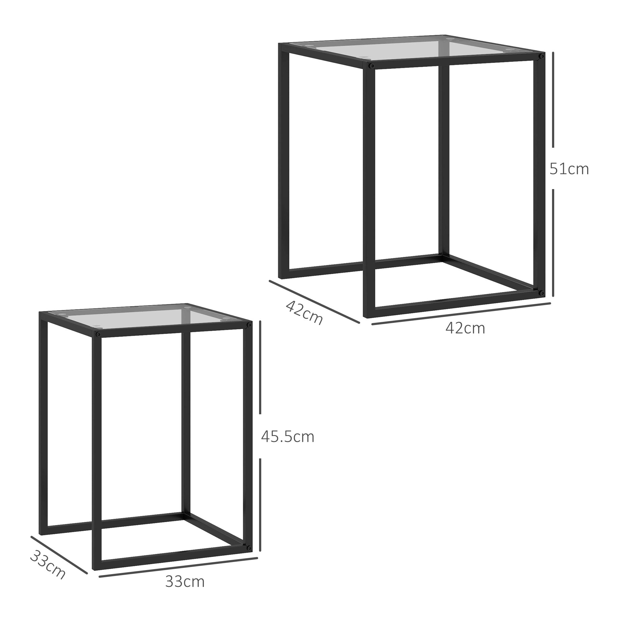 Nesting Tables Set of 2 with Tempered Glass Top and Steel Frame - Black