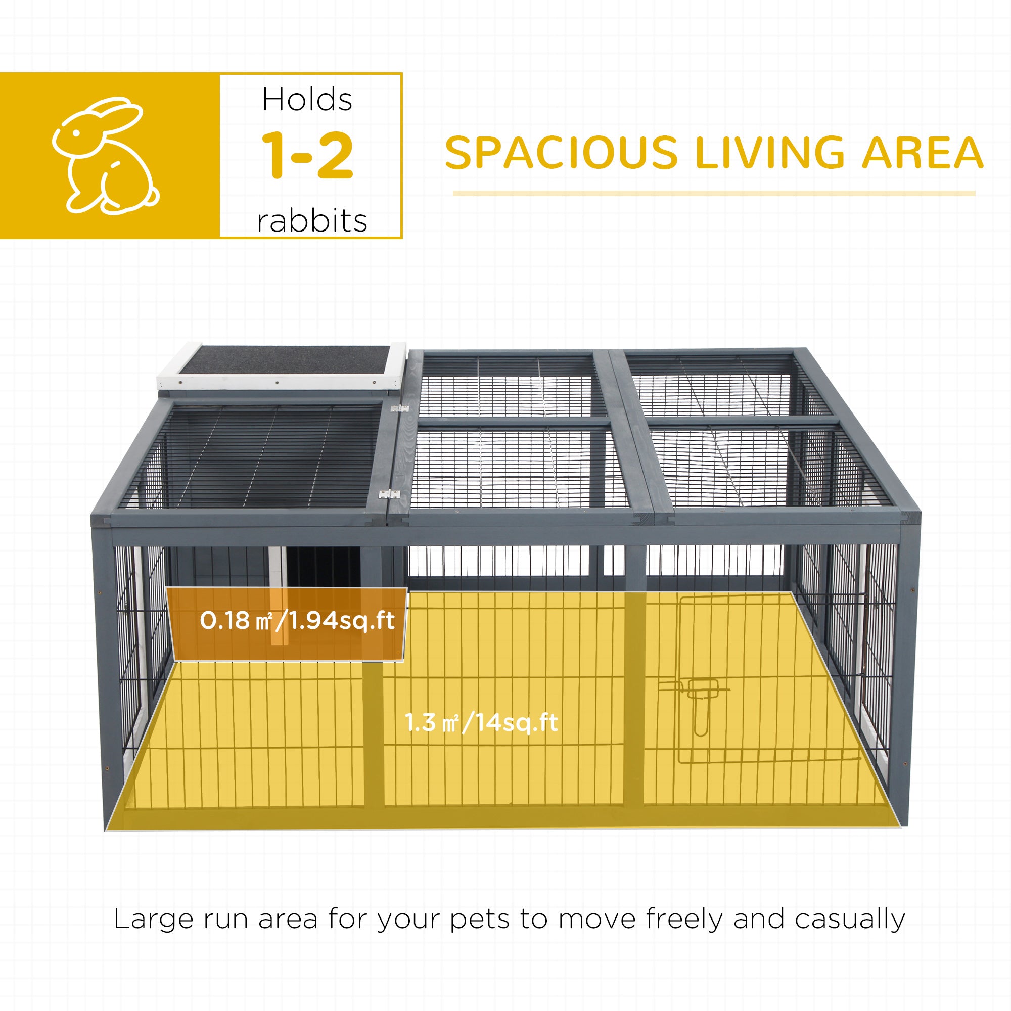 Rabbit Hutch Outdoor, Guinea Pig House, Bunny Run Cage with Openable Top for 1-2 Rabbits, 123 x 120 x 52cm, Grey