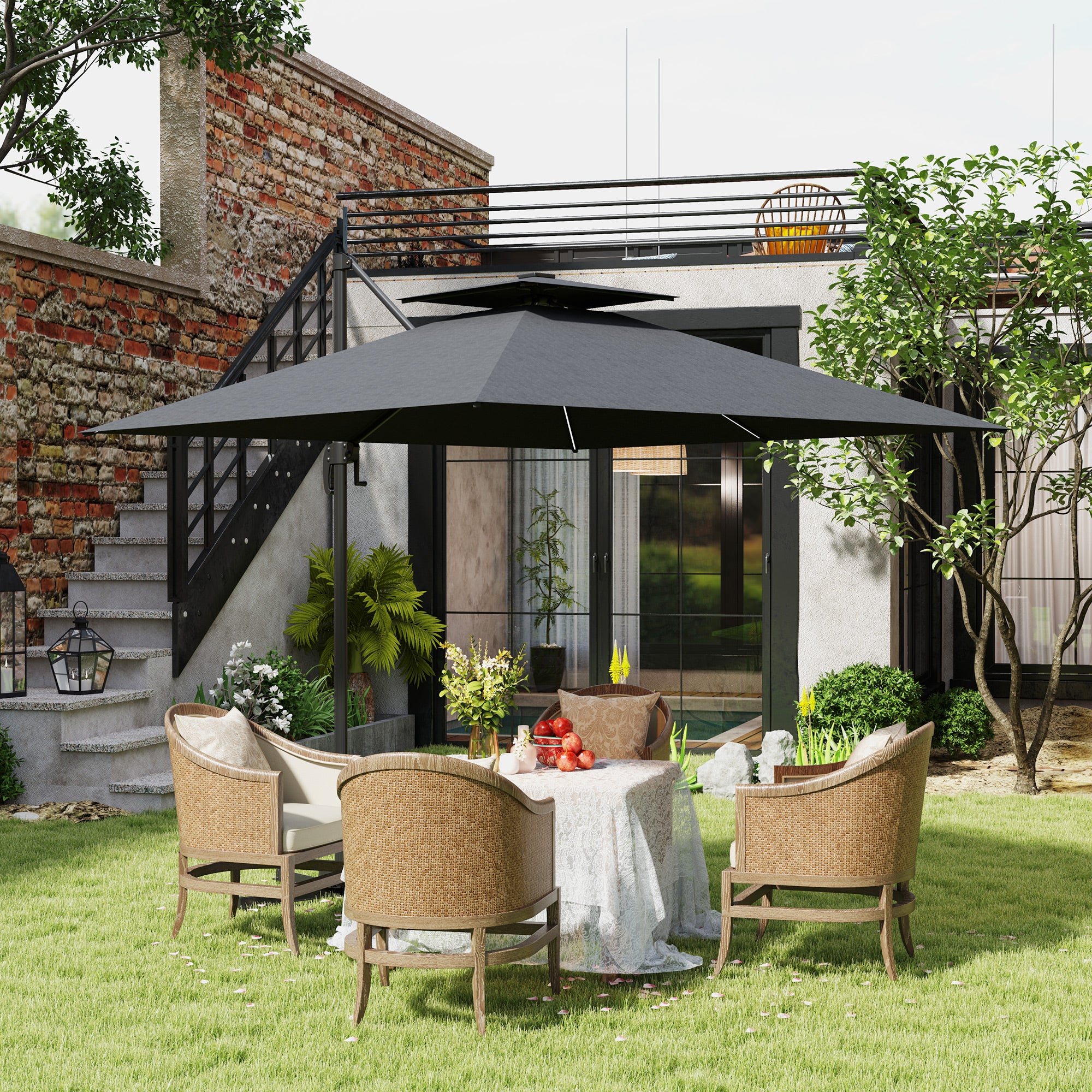 2.5m Cantilever Parasol with Solar LED Lights and 360 Degree Rotation - Dark Grey