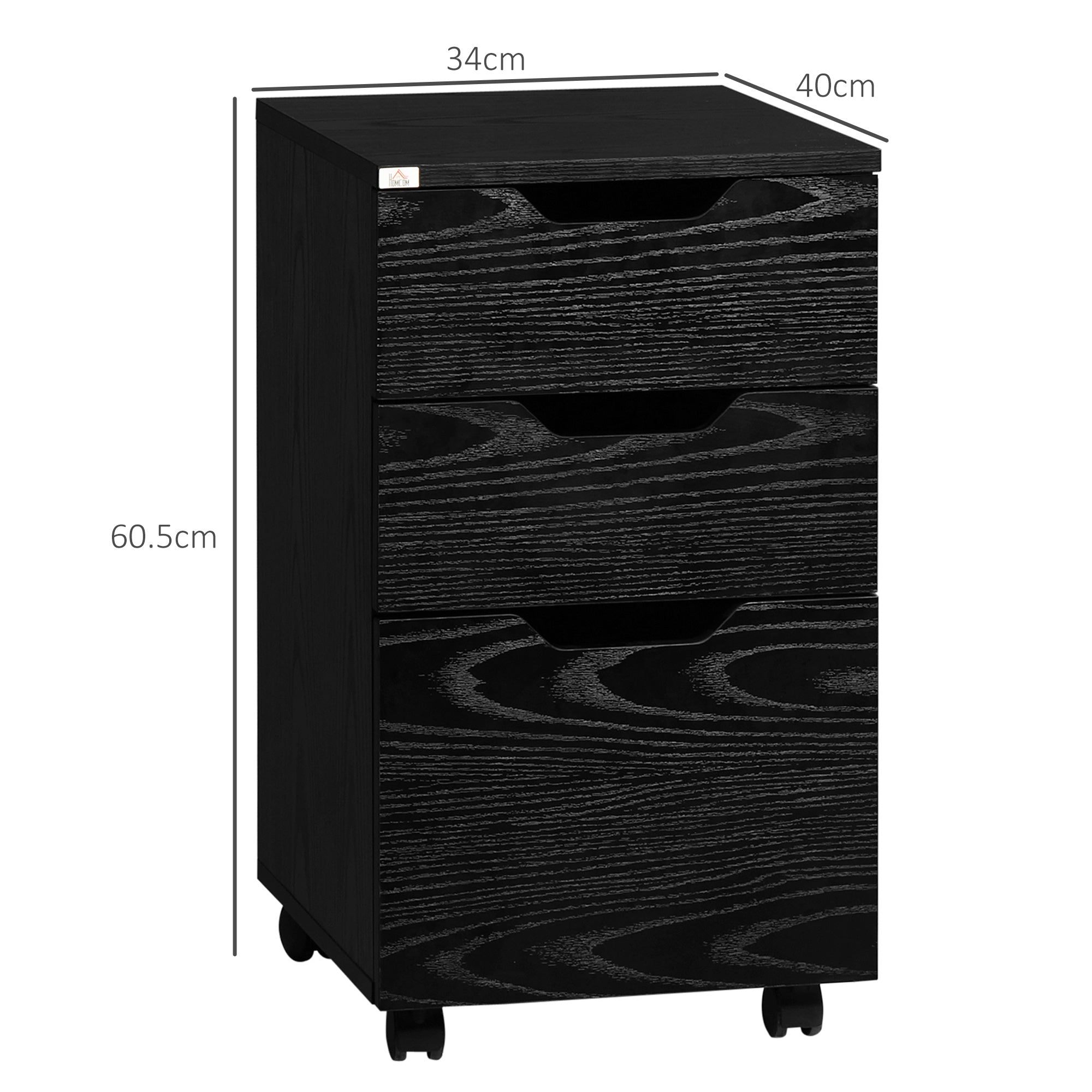 3 Drawer Storage Cabinet with Wheels for Home Office, Black