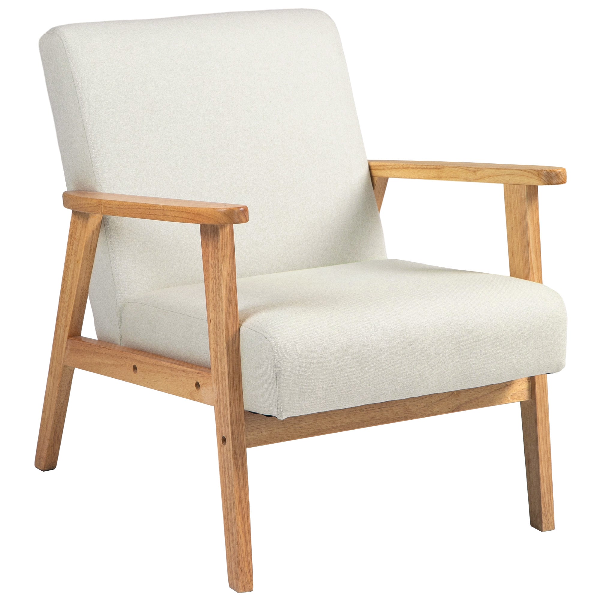 Fabric Accent Chair for Living Room, Arm Chair with Rubber Wood Frame and Padded Cushion, Cream White