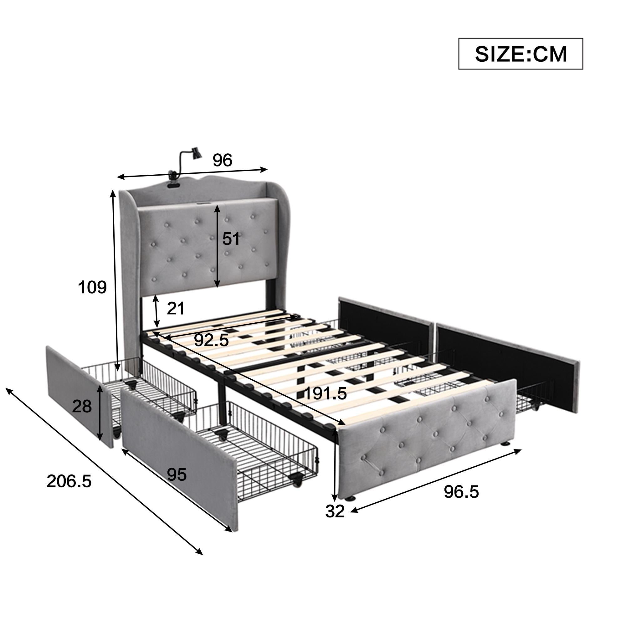 3FT Single Velvet Upholstered Storage Bed with 4 Drawers and USB Ports - Gray