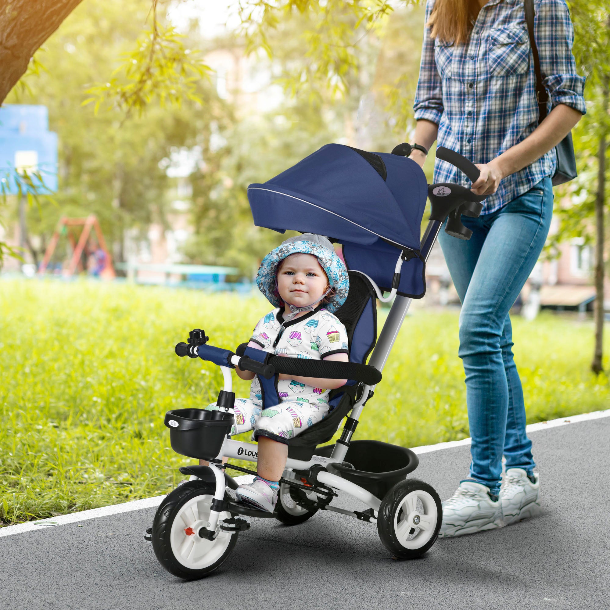 Metal Frame 6 in 1 Baby Push Tricycle with Parent Handle for 1-5 Years Old, Dark Blue