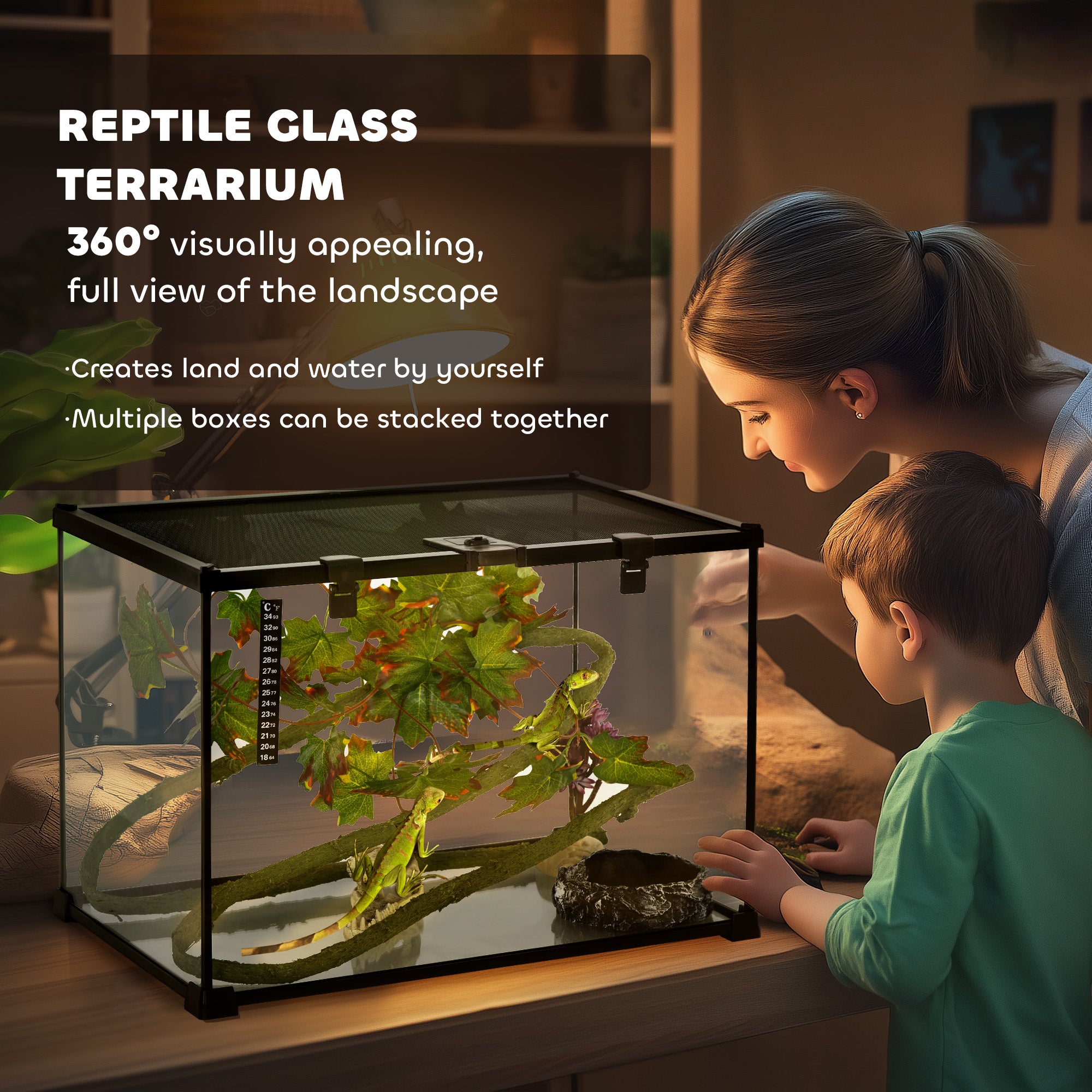 Glass Reptile Terrarium with Decor Kit, Breeding Tank with Thermometer for Small Animals, 50 x 30 x 35cm, Heated - Black