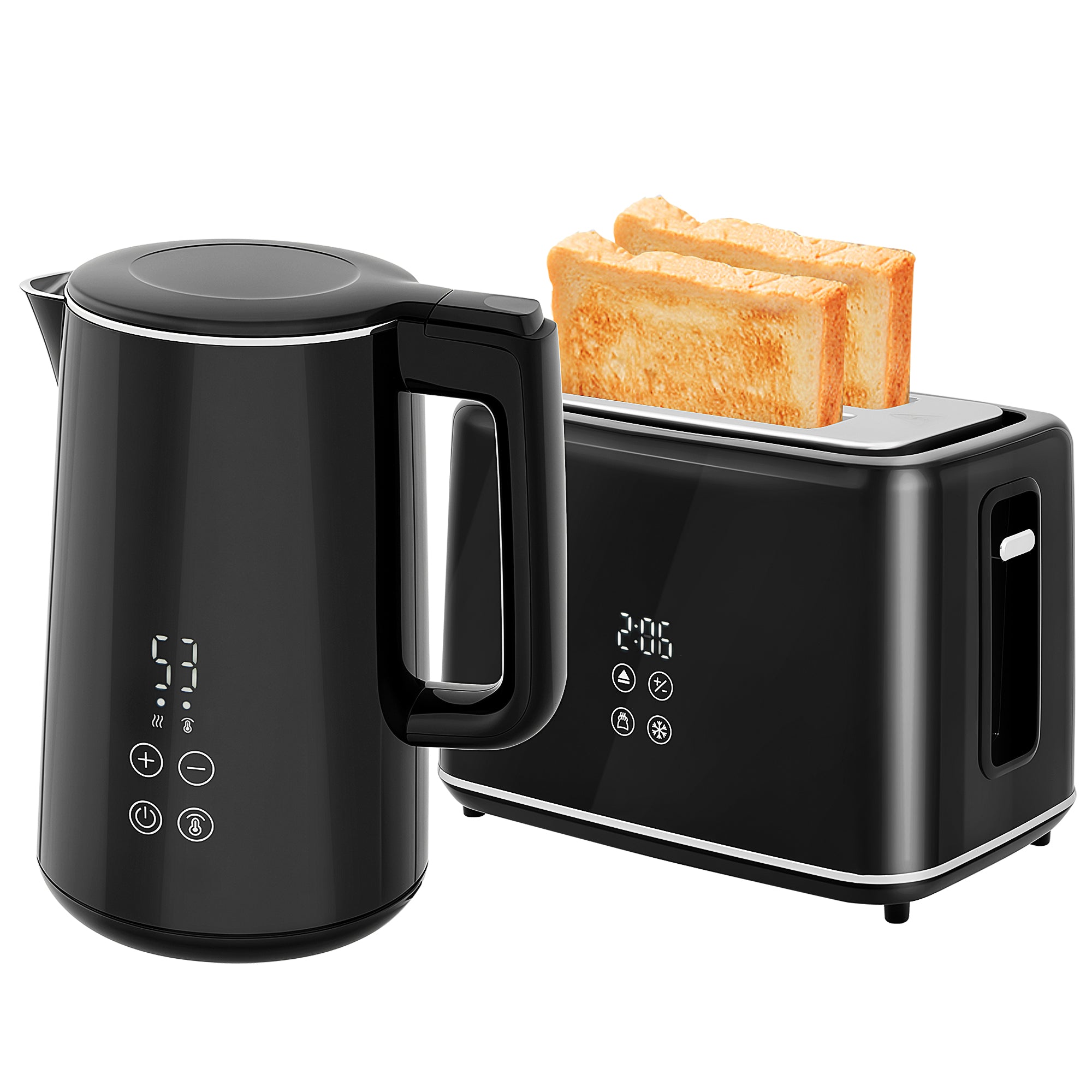 Kettle and Toaster Set, 1.5L 3000W Fast Boil Kettle with Insulation & 2 Slice Toaster Kitchen Set with 7 Level Browning Controls, Defrost, Reheat and Crumb Tray, Black