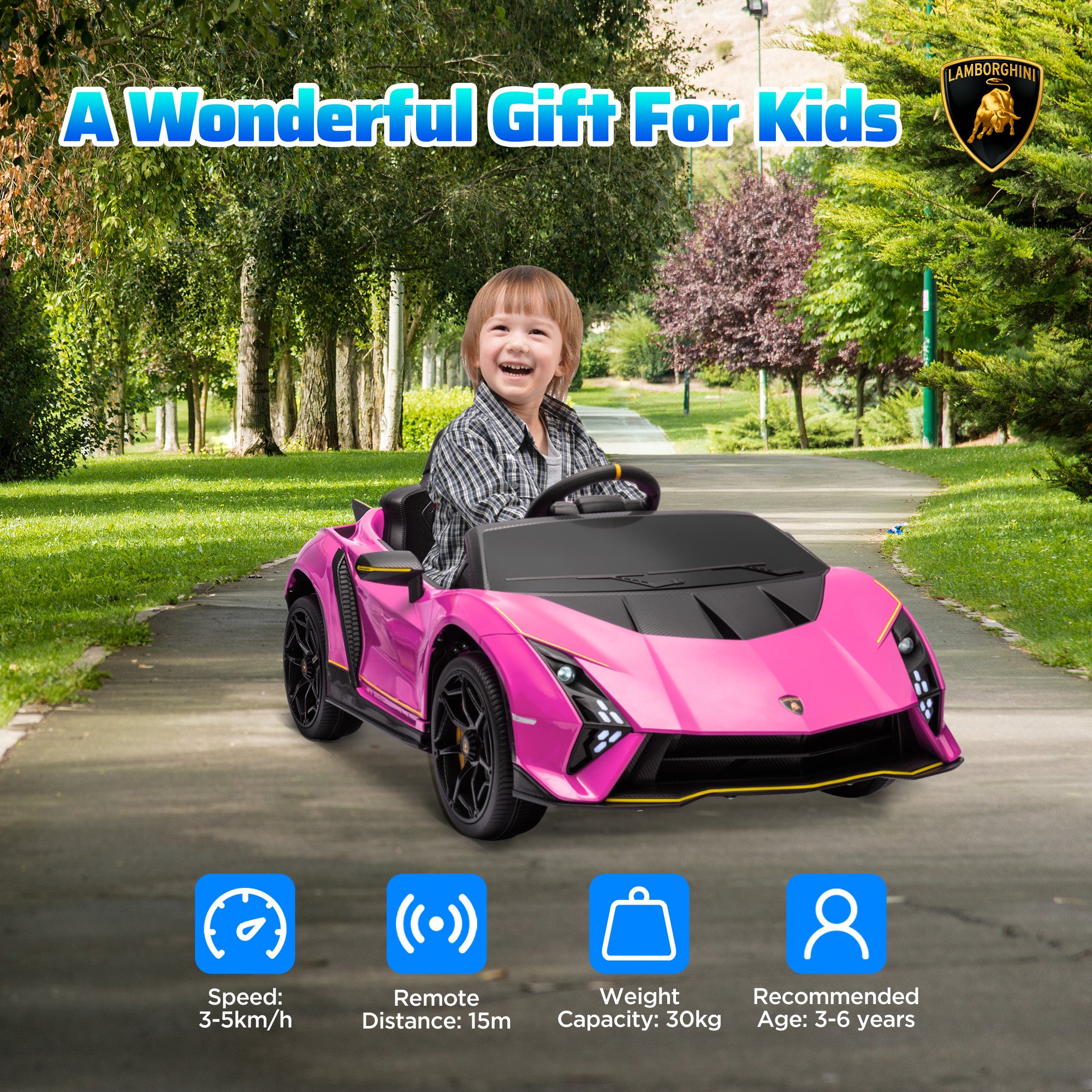 12V Lamborghini Autentica Licensed Kids Electric Car with Remote Control, Four Suspension Wheels, Soft Start, Pink