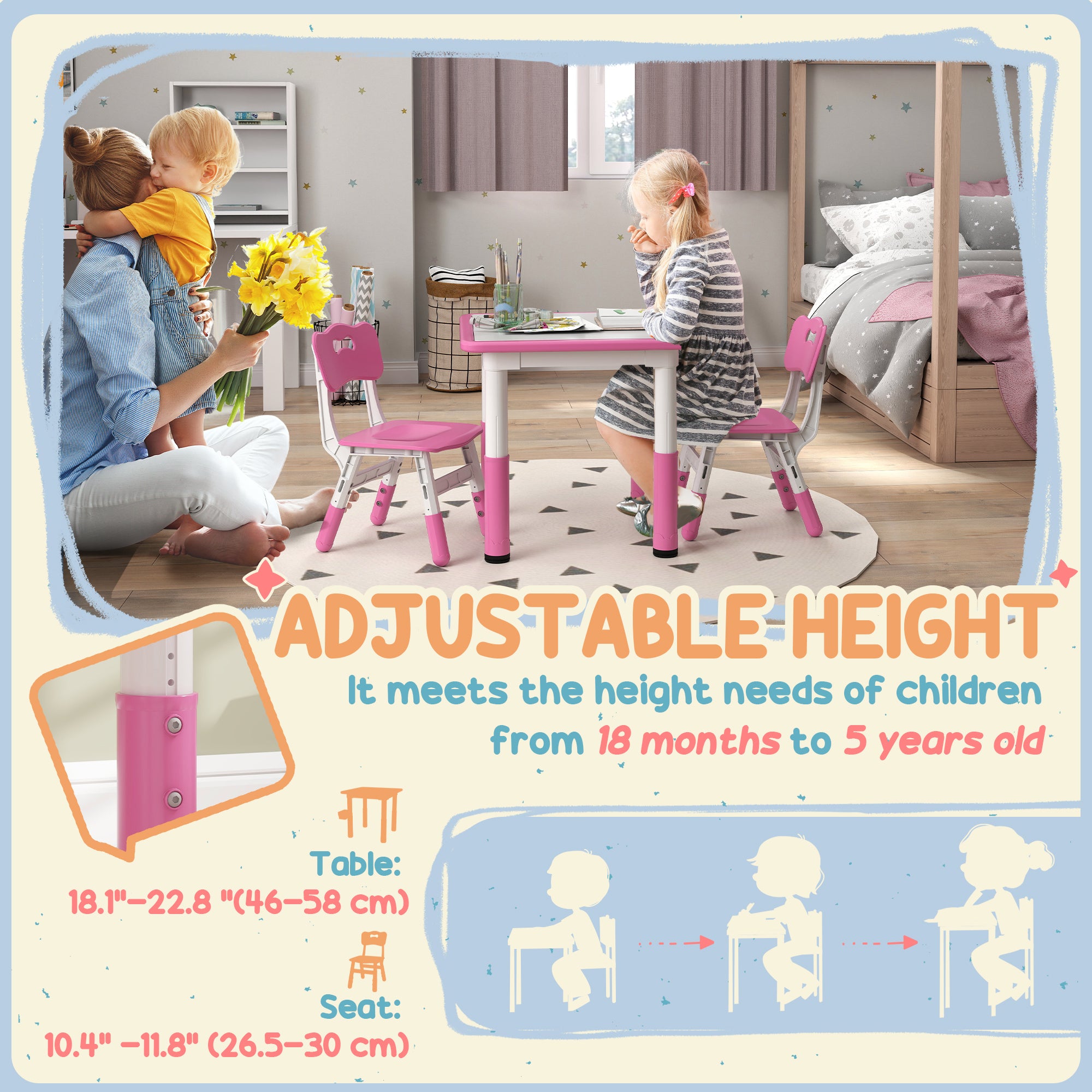 3 Piece Height Adjustable Toddler Table and Chair Set - Pink