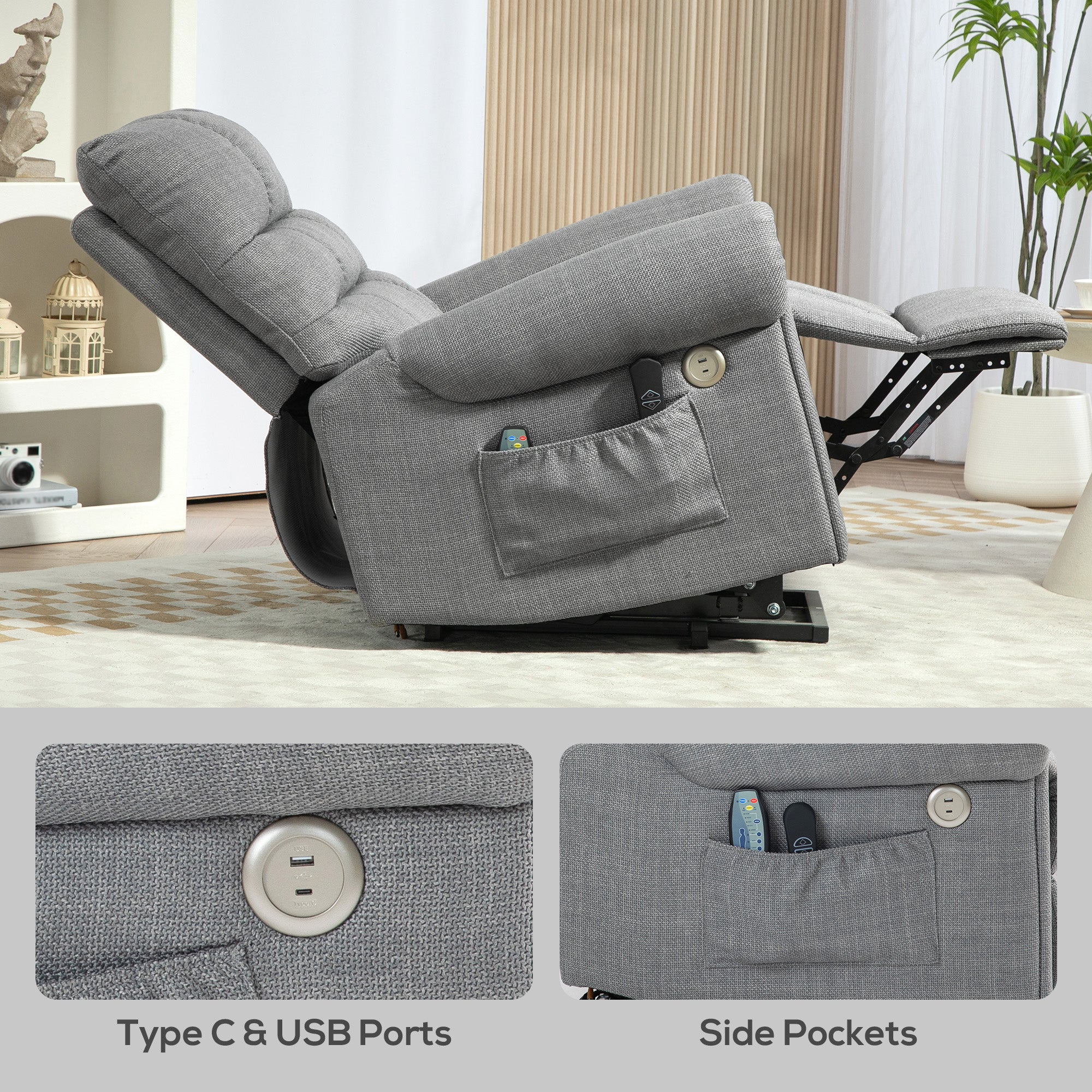 Power Lift Chair for Elderly, Electric Recliner Armchair with Massage and Heat, Type C and USB Ports, Fabric Riser and Reclining Chair with Side Pockets, Grey