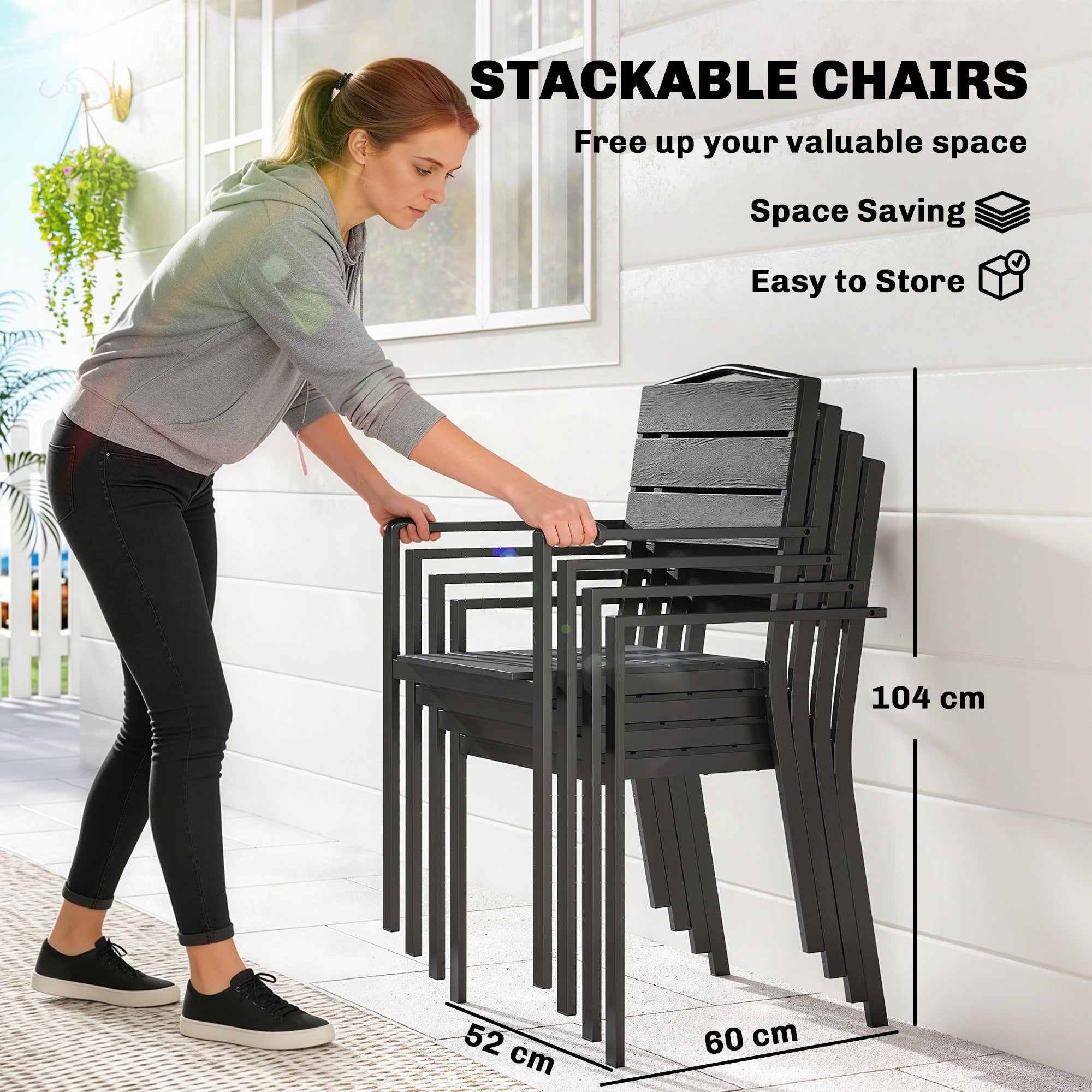 Stackable Garden Chairs Set of 4, Garden Dining Chairs with Slatted HDPE Seat Back, Armrests, Metal Frame, Black