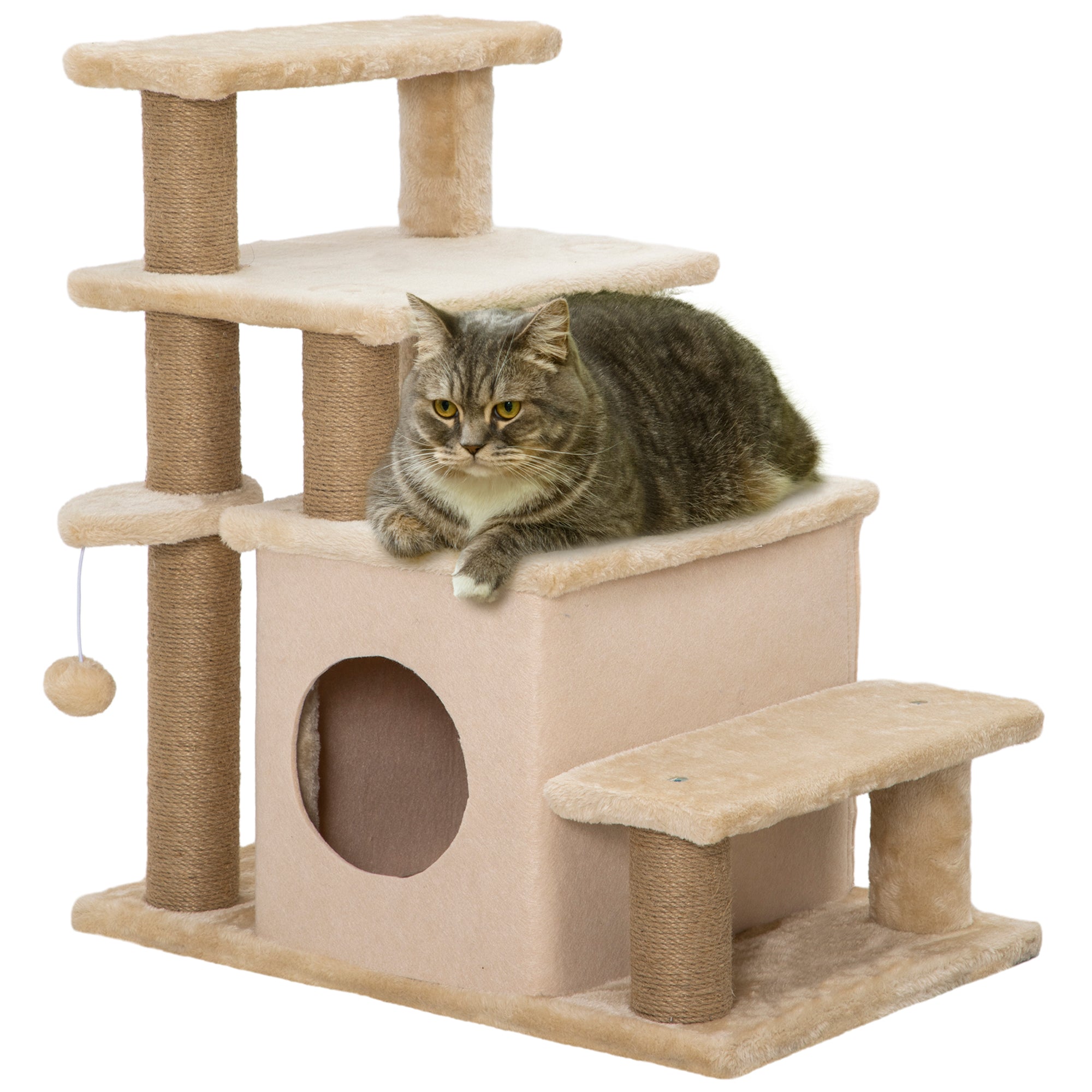 Adjustable Cat Steps, with House & Hanging Toy Ball - Beige