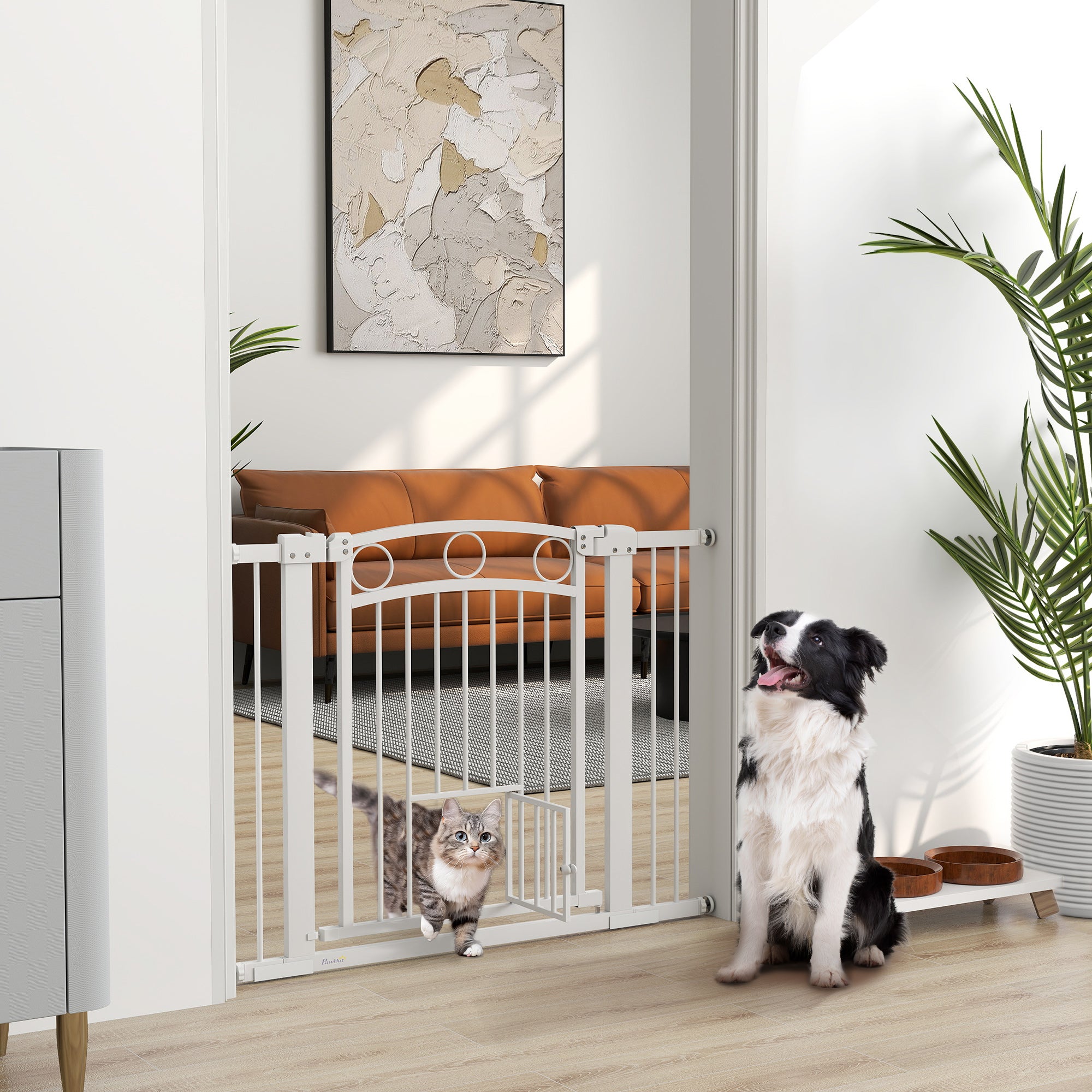 77cm Tall Dog Gate with Cat Door, 7cm and 14cm Extensions, for Stairs & Doorways, 76-104cm Width