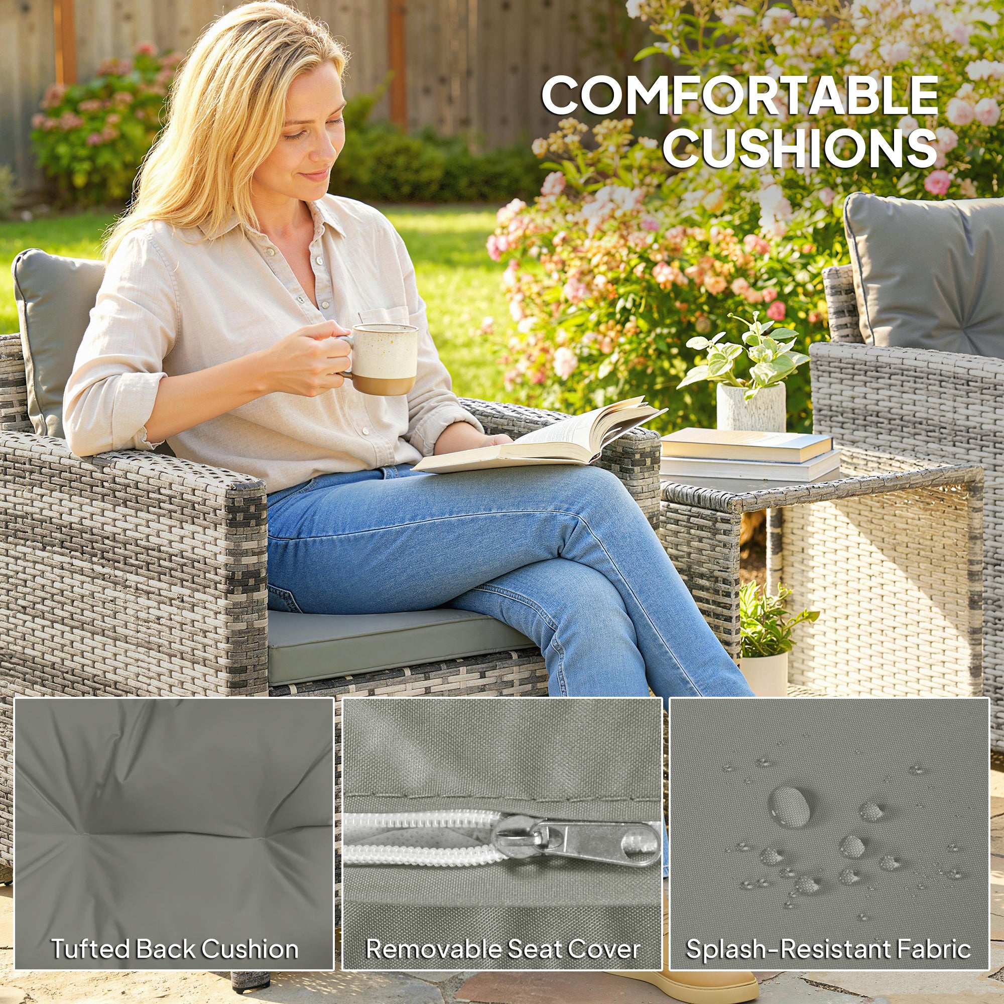 Rattan Bistro Set, 3 Piece Garden Furniture Set with 2 Tier Glass Top Table and Cushions, Mixed Grey