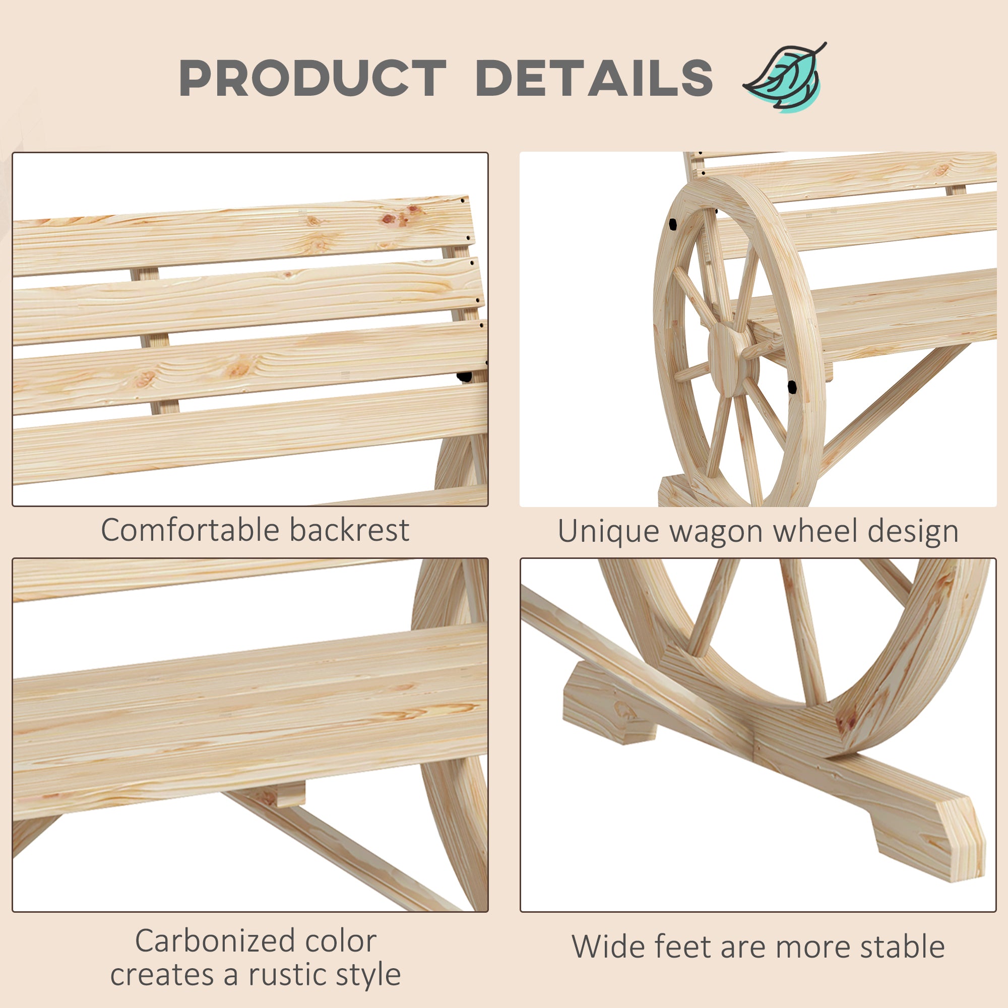 Wagon Wheel Chair Bench Armrest Rustic Loveseat Wood Outdoor Garden, Natural