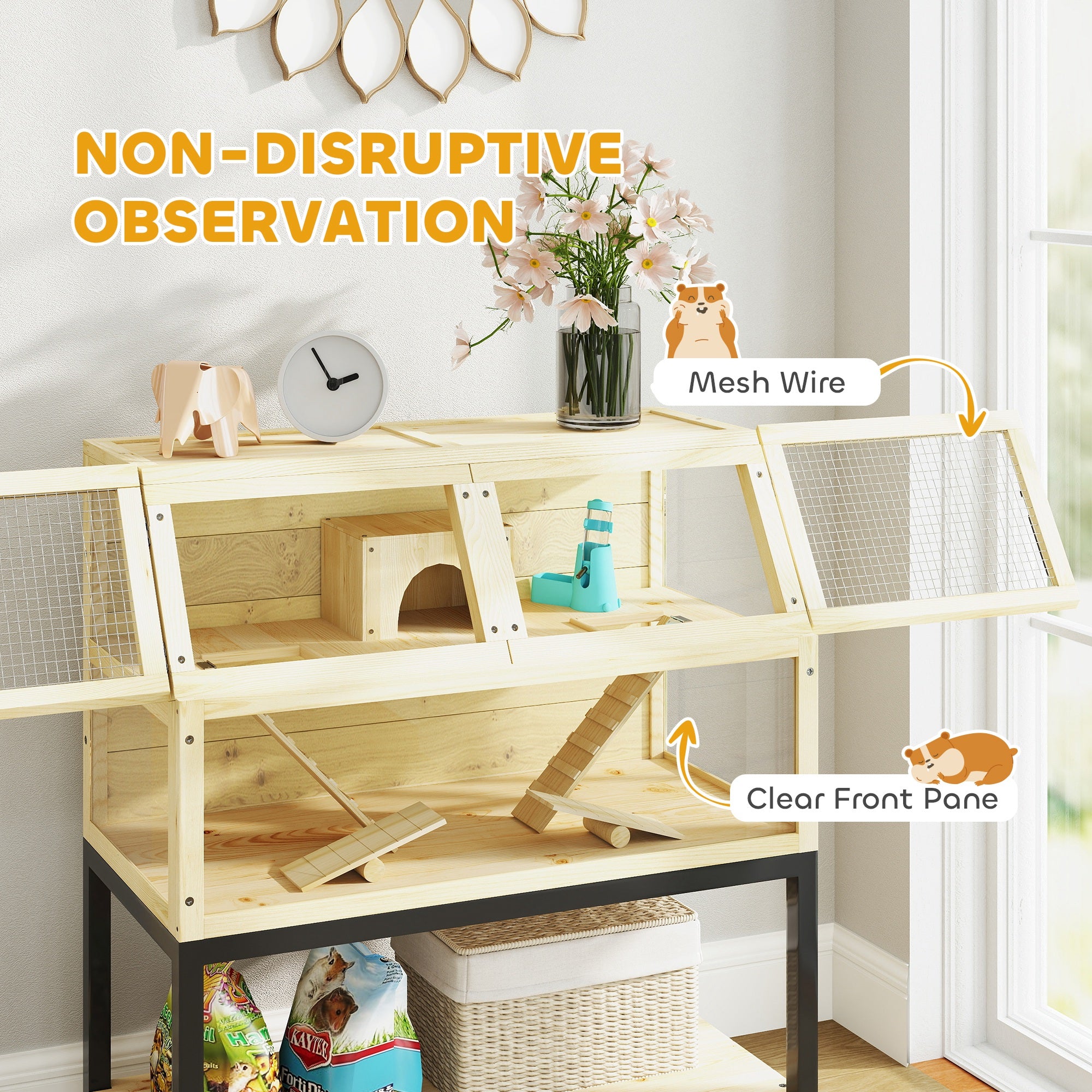 Wooden Hamster Cage with Storage Shelf, Wheels, Ramps, Water Bottle, Hut, Seesaws