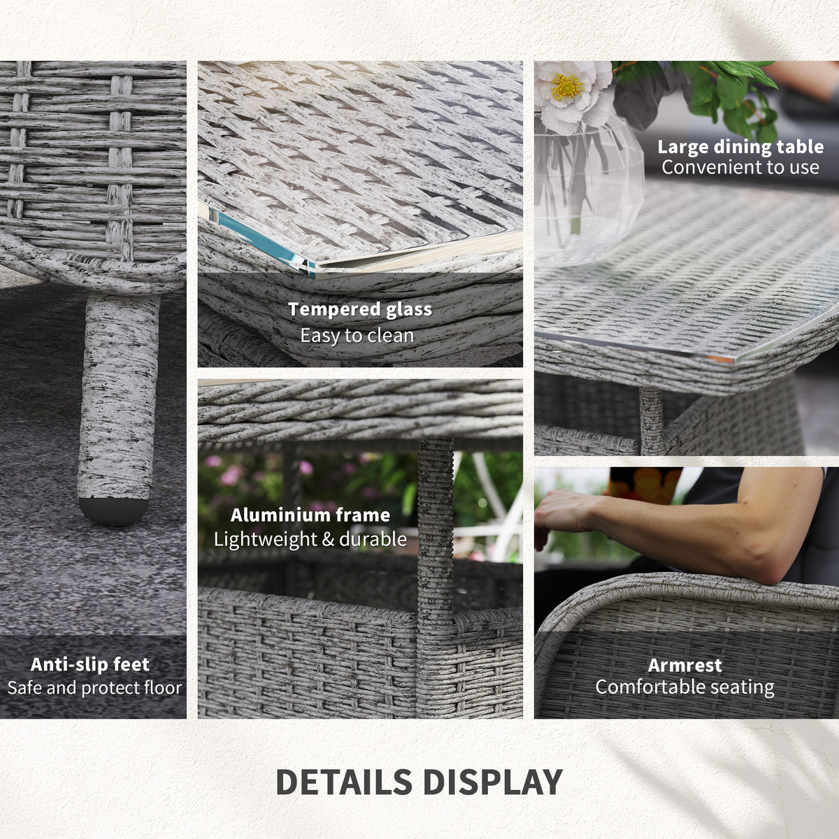 4 Piece PE Rattan Garden Dining Sofa Set with Cushions - Light Grey