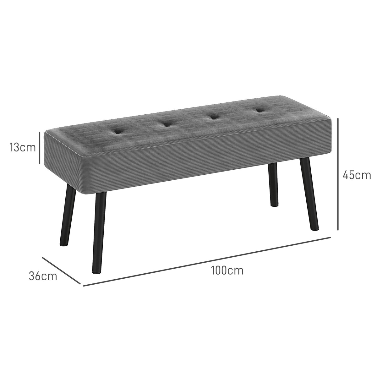 Corduroy End of Bed Bench with Thick Padding and Steel Legs - Grey