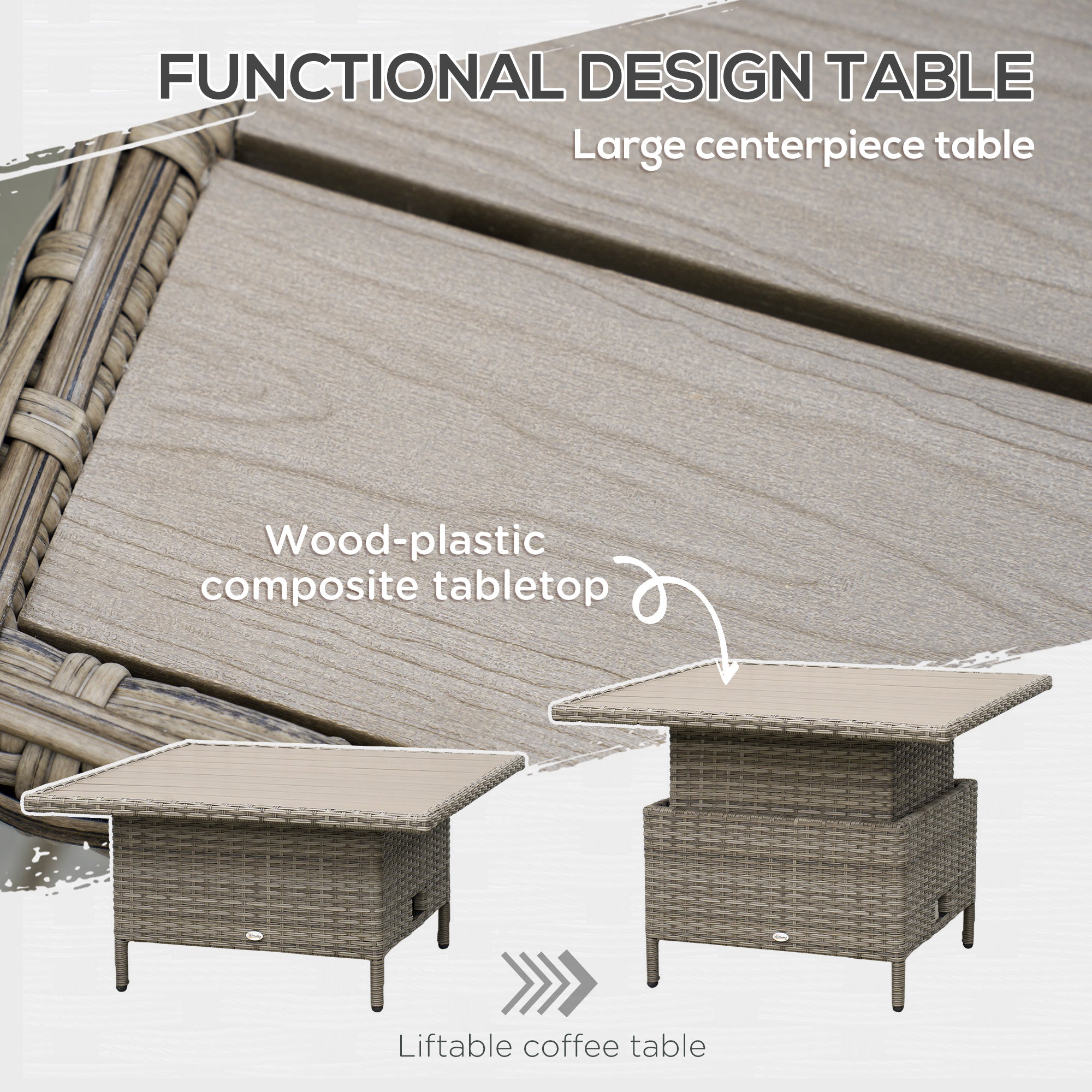 6 Pieces Outdoor PE Rattan Garden Furniture, Patio Wicker Sectional Conversation Corner Sofa w/ Soft Padded Cushion & Liftable Coffee Table, Light Grey