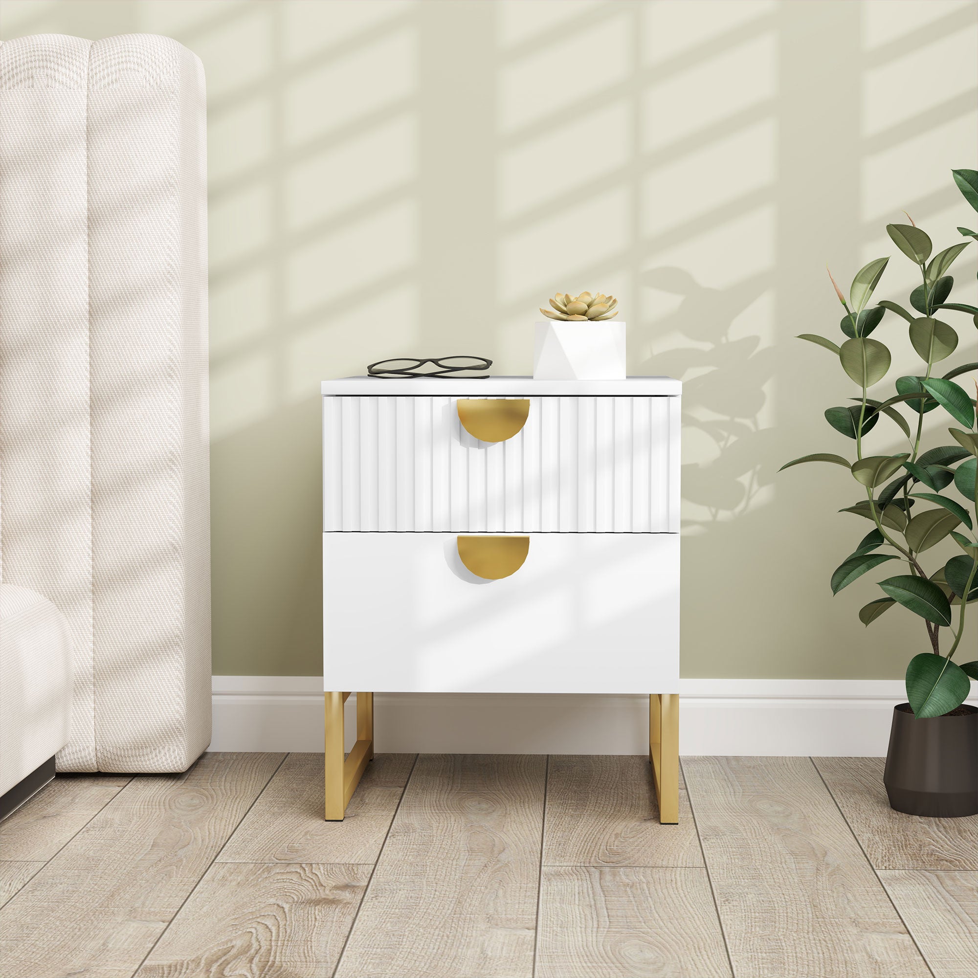 Elegant Two-Drawer Bedside Table with Gold Handles - White