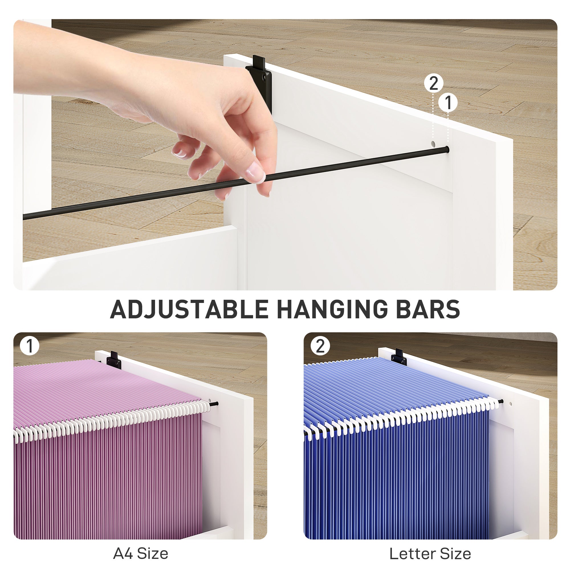 2 Drawer Filing Cabinet with Lock, Office Storage Cabinet with Adjustable Hanging Bars for A4 Letter Size Files, White