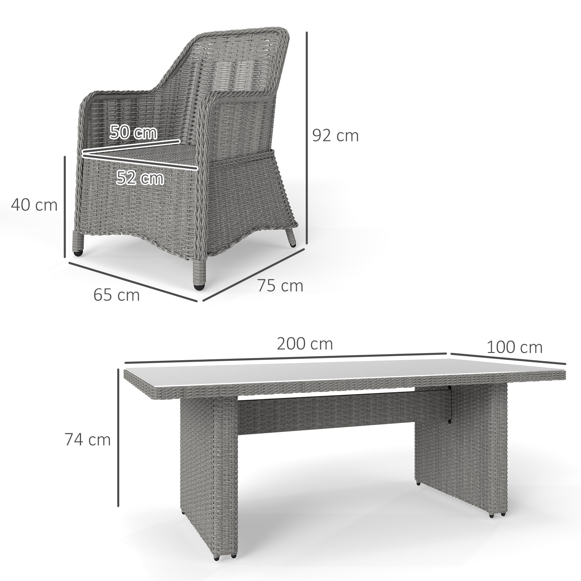 6 Seater PE Rattan Dining Set with Cushions and Glass Table - Grey