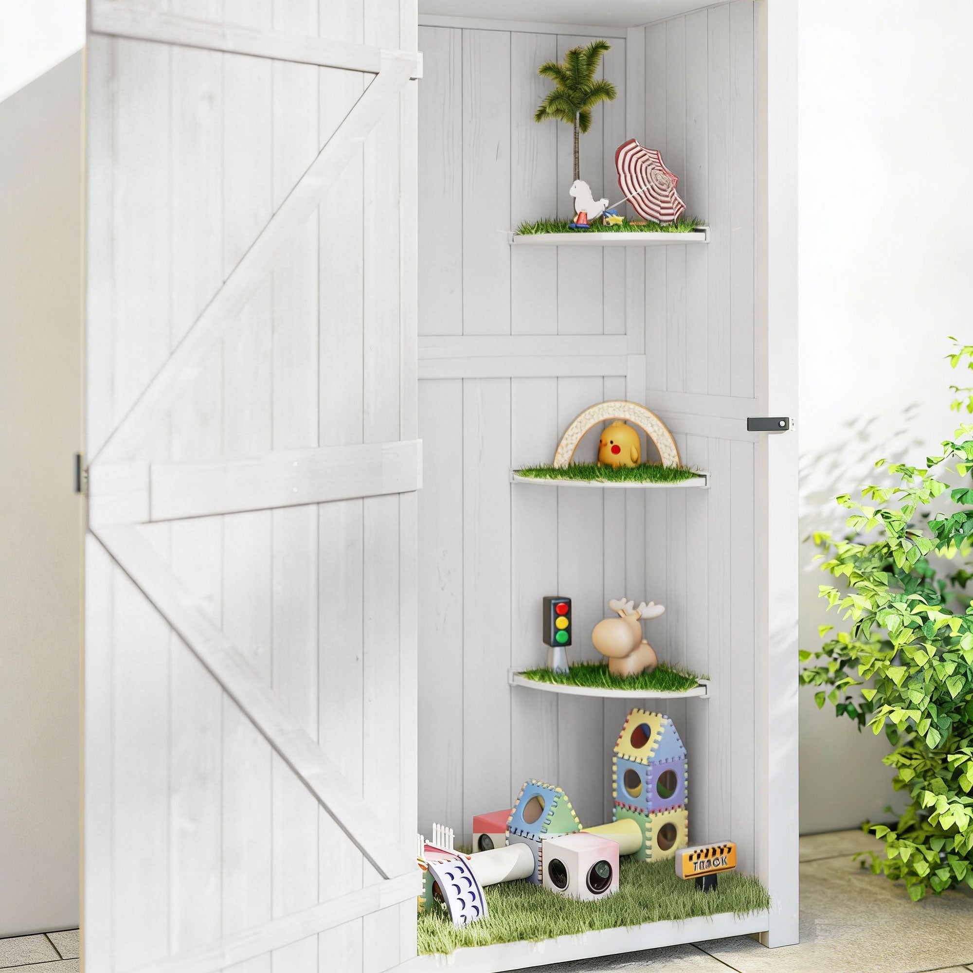 Small Shed, Tall Slim Wooden Garden Shed with 3 Removable Shelves and Roof Hatch, Compact Outdoor Tool Storage Cabinet with Asphalt Roof and Door Latch, 77 x 54.2 x 179 cm, Light Grey