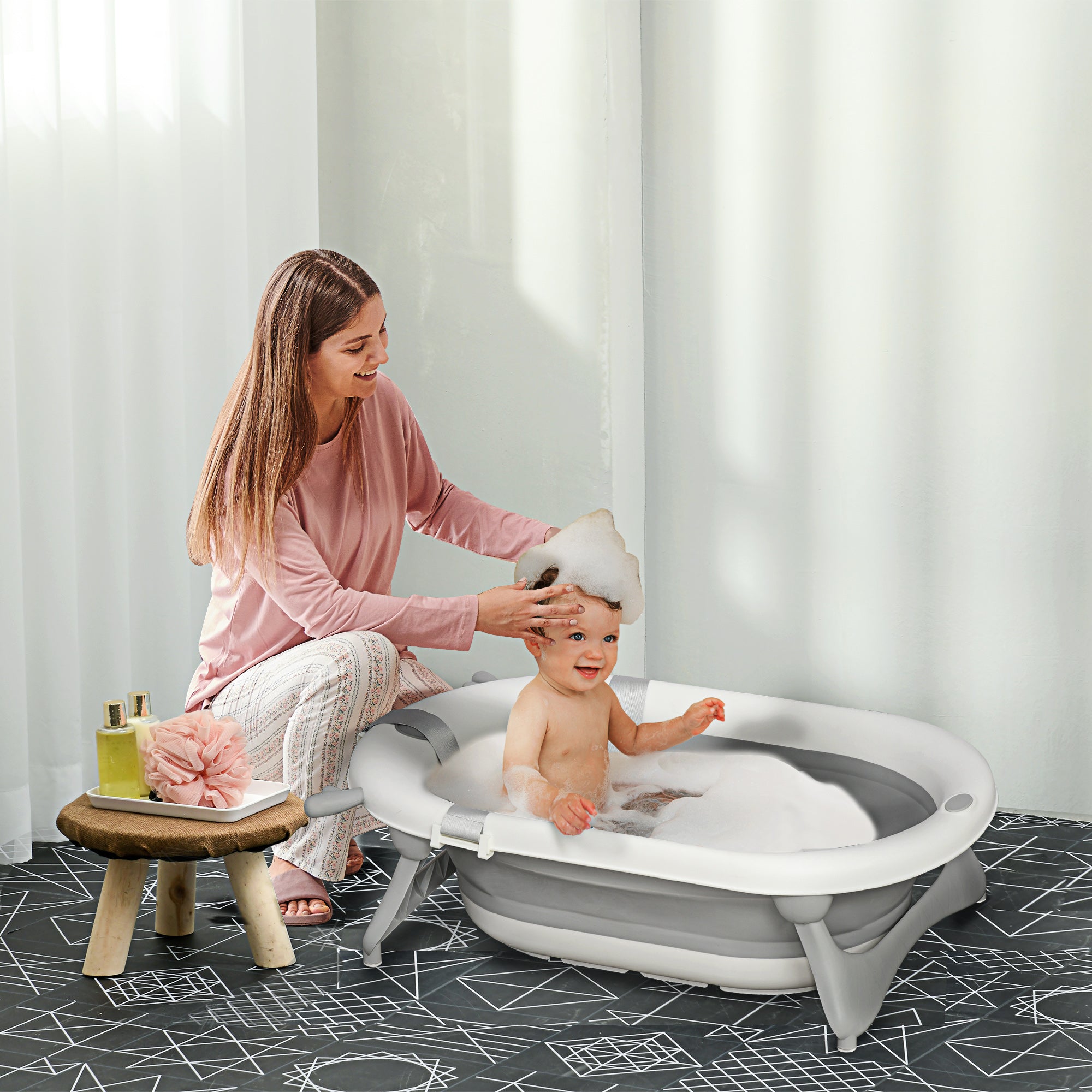 Foldable Baby Bathtub Set, Collapsible Bath Tub with Thermostatic Water Plug, Non-Slip Support, Cushion Pad, Drain Plugs, for Newborn to 3 Years - Offwhite