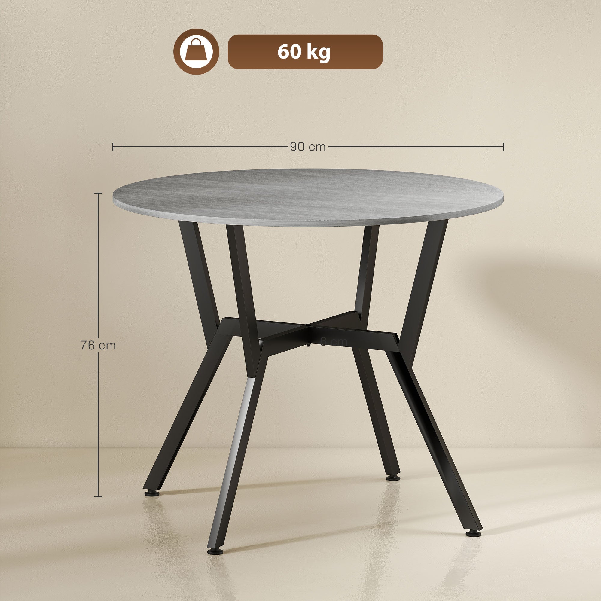 Dining Table, Round Kitchen Table with Black Legs, Anti-slip Foot Pads for Living Room, Dining Room 90 x 76 cm, Grey