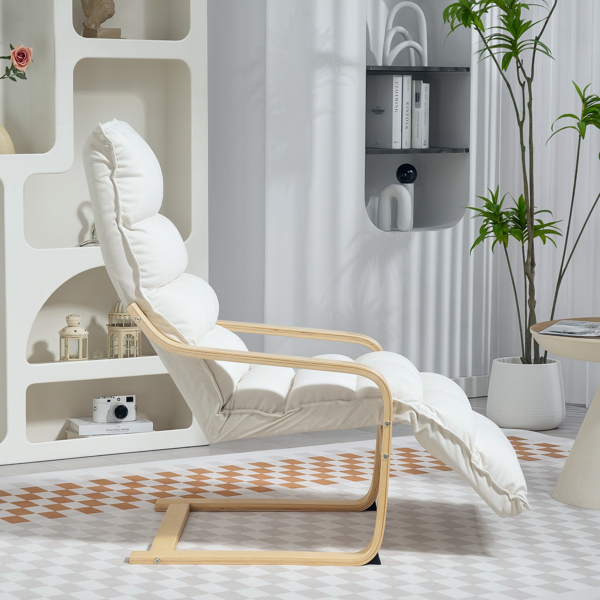 Curved Wooden Accent Lounge Chair with Adjustable Footrest - Cream White