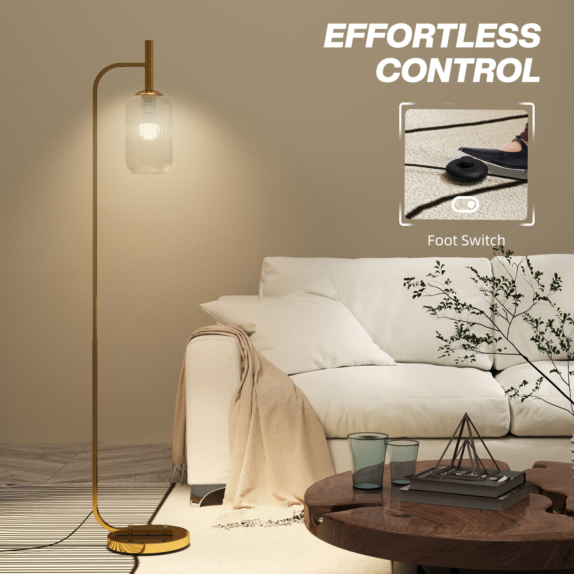Modern Floor Lamp with Glass Lampshade and Foot Switch for Living Room & Bedroom - Gold Tone