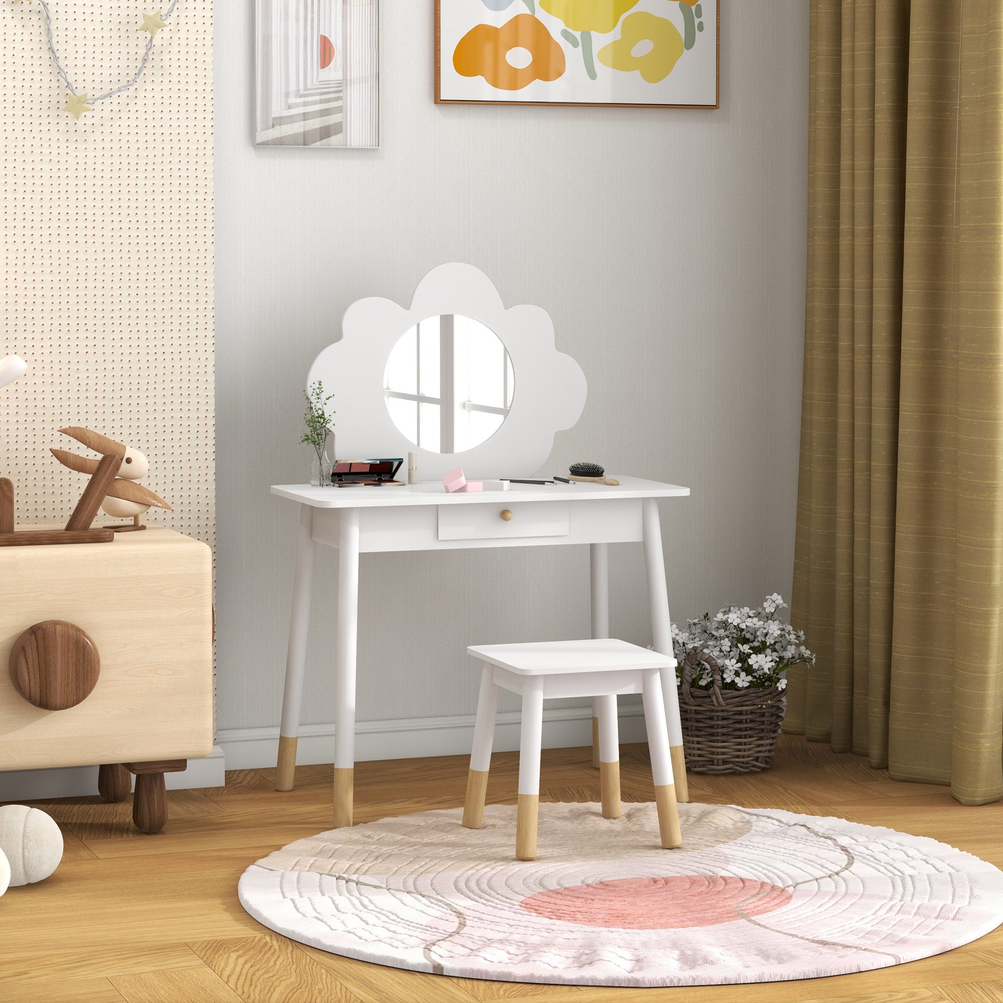 Kids Dressing Table with Mirror, Stool, Drawer, Cloud Design, White