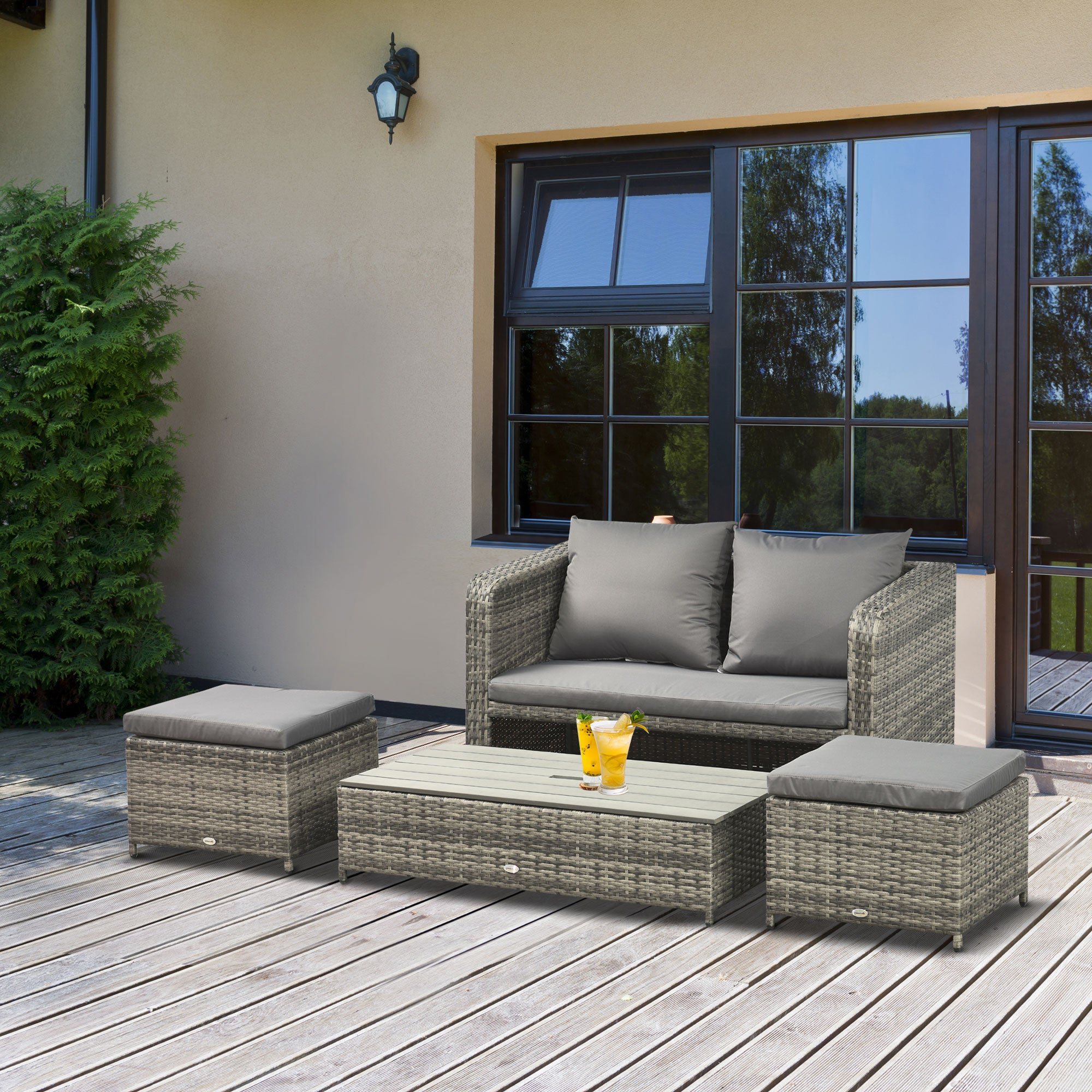 4-Piece Garden Rattan Furniture Outdoor Wicker Conversation Patio Sofa Set with 2-seater Sofa, 2 Footstools and Lift Top Coffee Table Space-saving- Grey