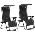 Set of 2 Zero Gravity Lounger Chairs with Padded Seat, Shade Cover & Tray - Black