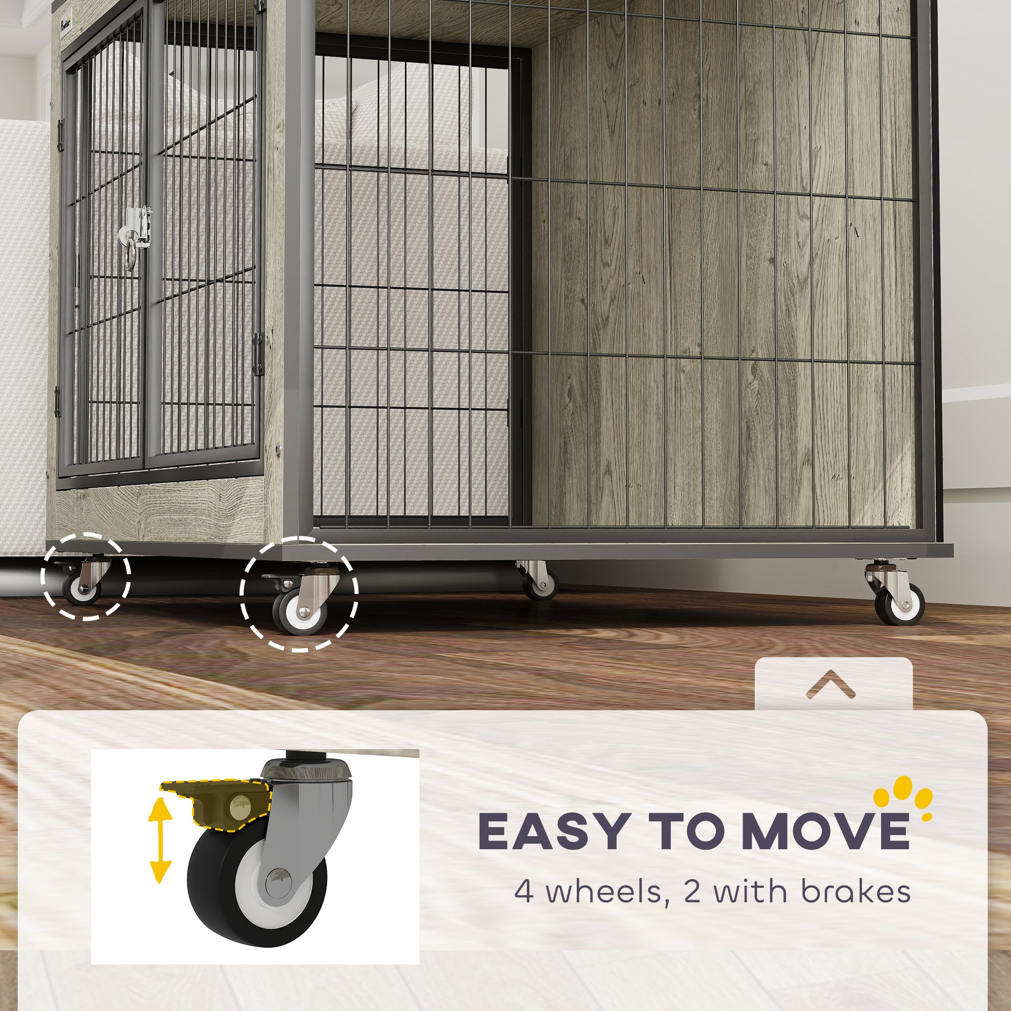 Dog Crate Furniture with Wheels and Double Doors for Medium Dogs 80x56x62.5cm - Grey
