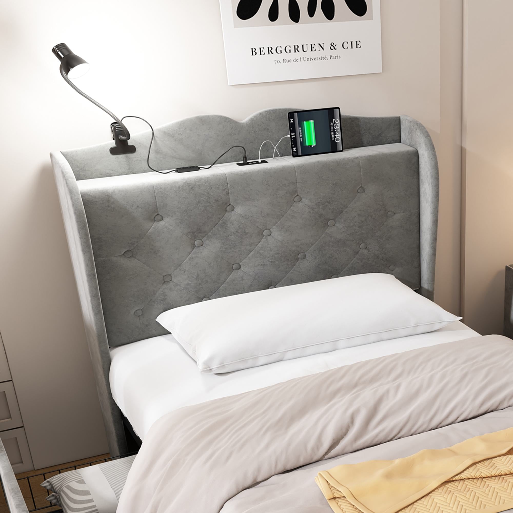 3FT Single Velvet Upholstered Storage Bed with 4 Drawers and USB Ports - Gray