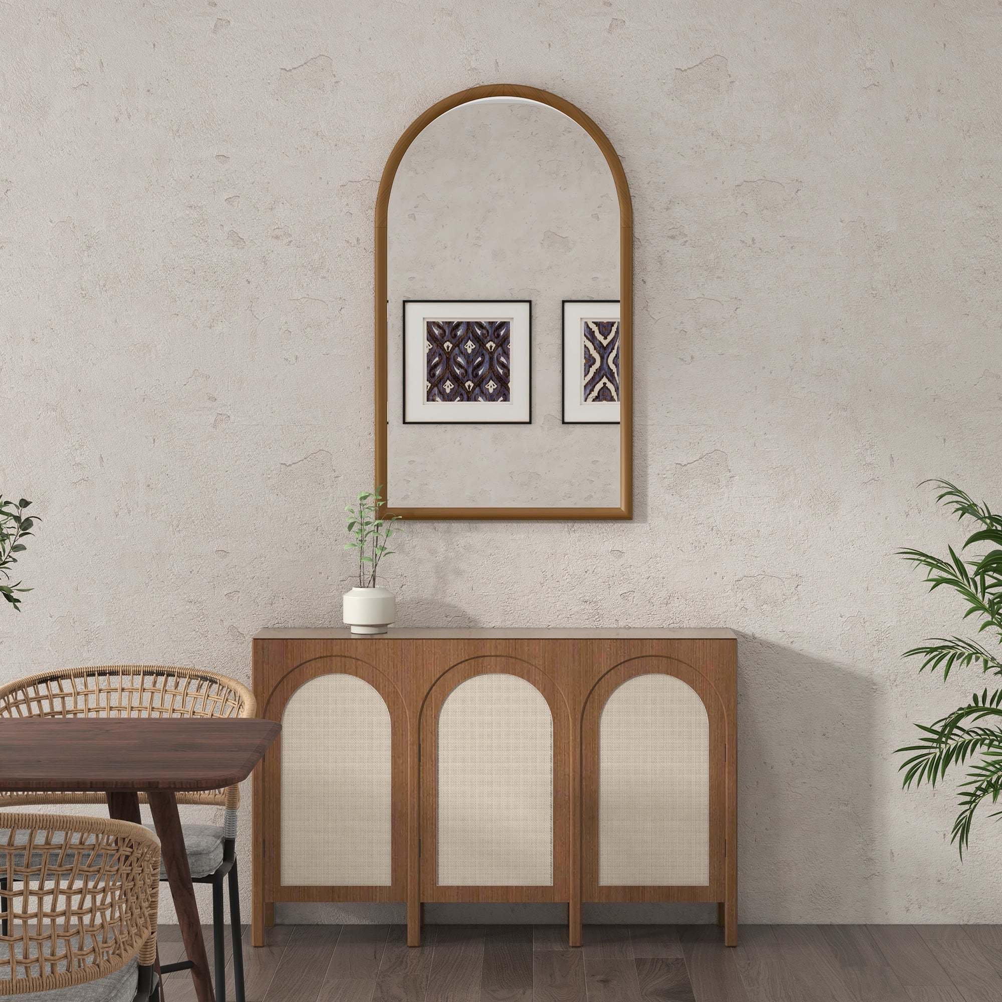 110 x 65cm Wooden Arched Mirror - Natural Finish